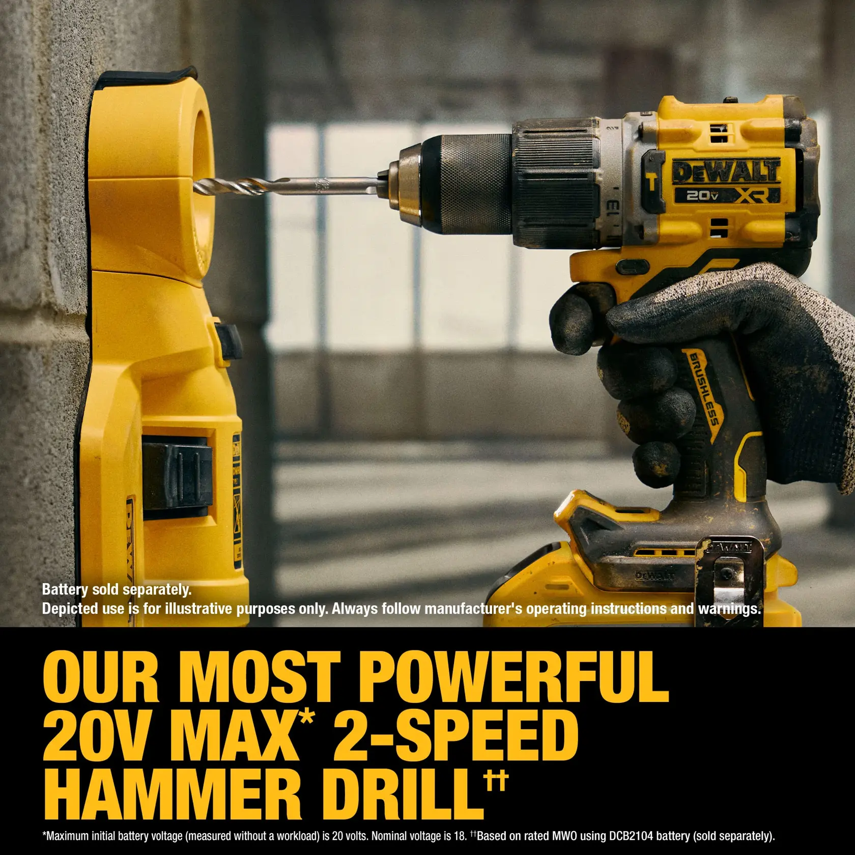 A close-up image showing a person using a DEWALT 20V MAX XR hammer drill to drill into a concrete wall. The drill is yellow and black, and the drill bit is inserted into a device attached to the wall. Text on the image highlights the power and features of the 20V MAX 2-speed hammer drill.