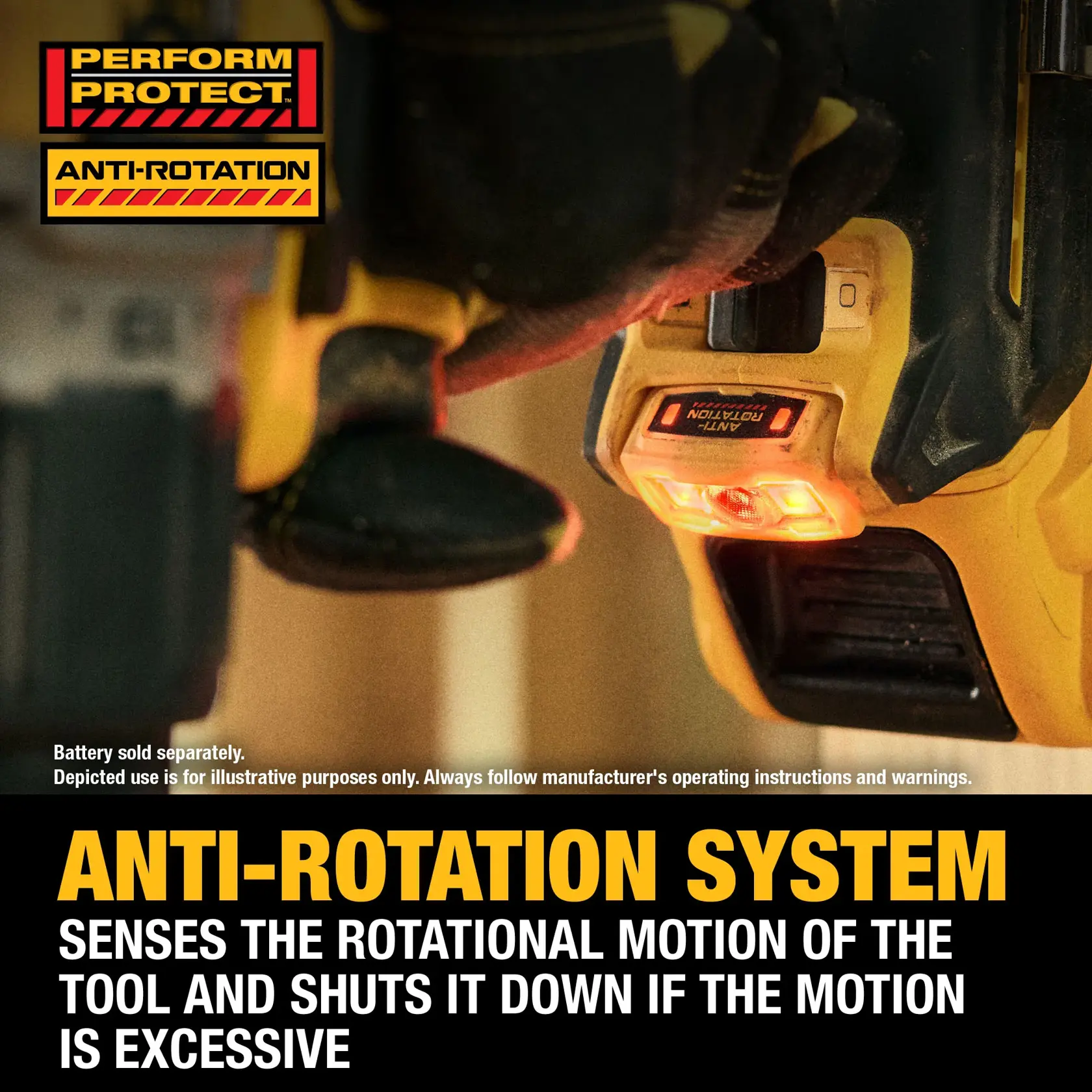 A close-up view of a DEWALT power tool with a gloved hand, showing the anti-rotation system indicator illuminated. The Perform Protect and Anti-Rotation labels are visible, and the text describes that the system senses excessive rotational motion and shuts the tool down for safety.