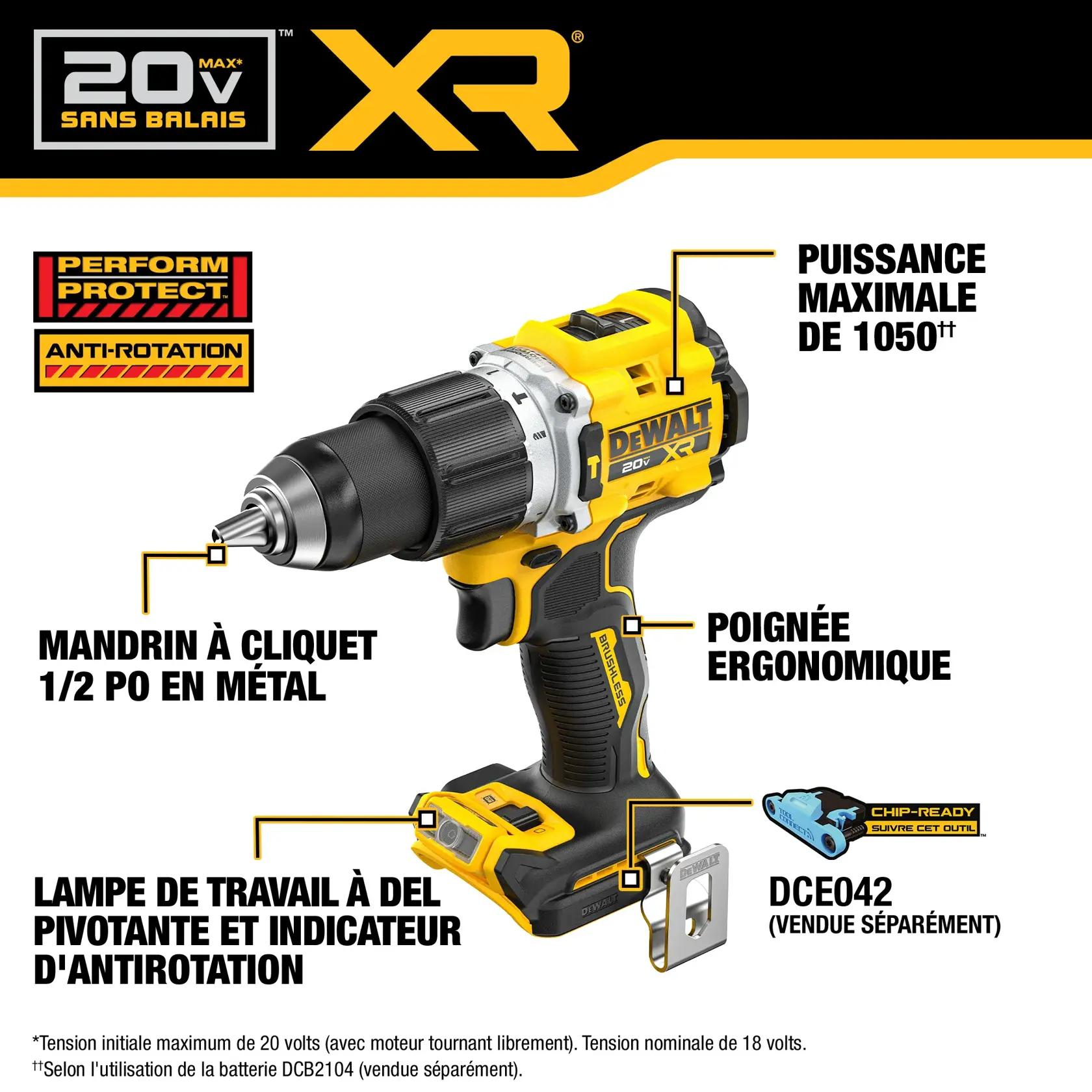 DEWALT XR 20V Max brushless cordless drill featuring a 1/2 inch metal ratcheting chuck, ergonomic handle, pivoting LED work light, anti-rotation indicator, max power of 1050 MWO, and compatibility with TOOL CONNECT chip (sold separately).