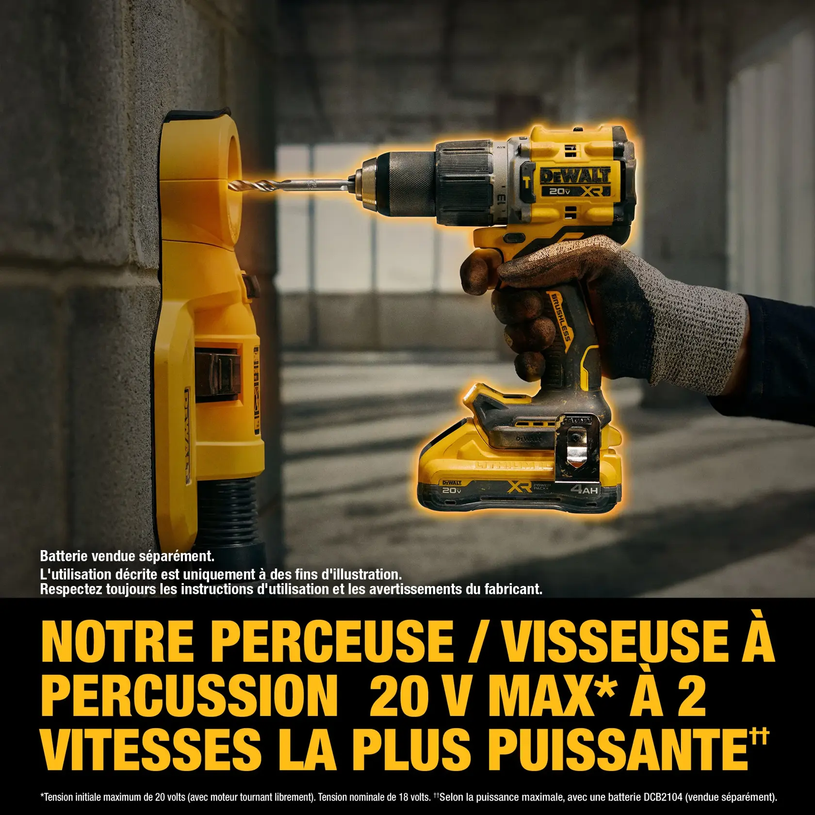 A close-up image showing a person using a DEWALT 20V MAX XR hammer drill to drill into a concrete wall. The drill is yellow and black, and the drill bit is inserted into a device attached to the wall. Text on the image highlights the power and features of the 20V MAX 2-speed hammer drill.