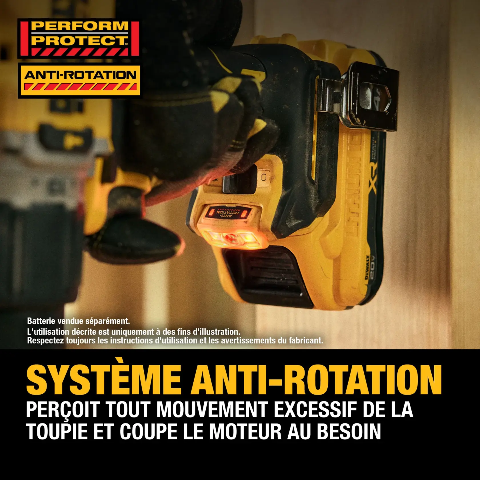 A close-up view of a DEWALT power tool with a gloved hand, showing the anti-rotation system indicator illuminated. The Perform Protect and Anti-Rotation labels are visible, and the text describes that the system senses excessive rotational motion and shuts the tool down for safety.