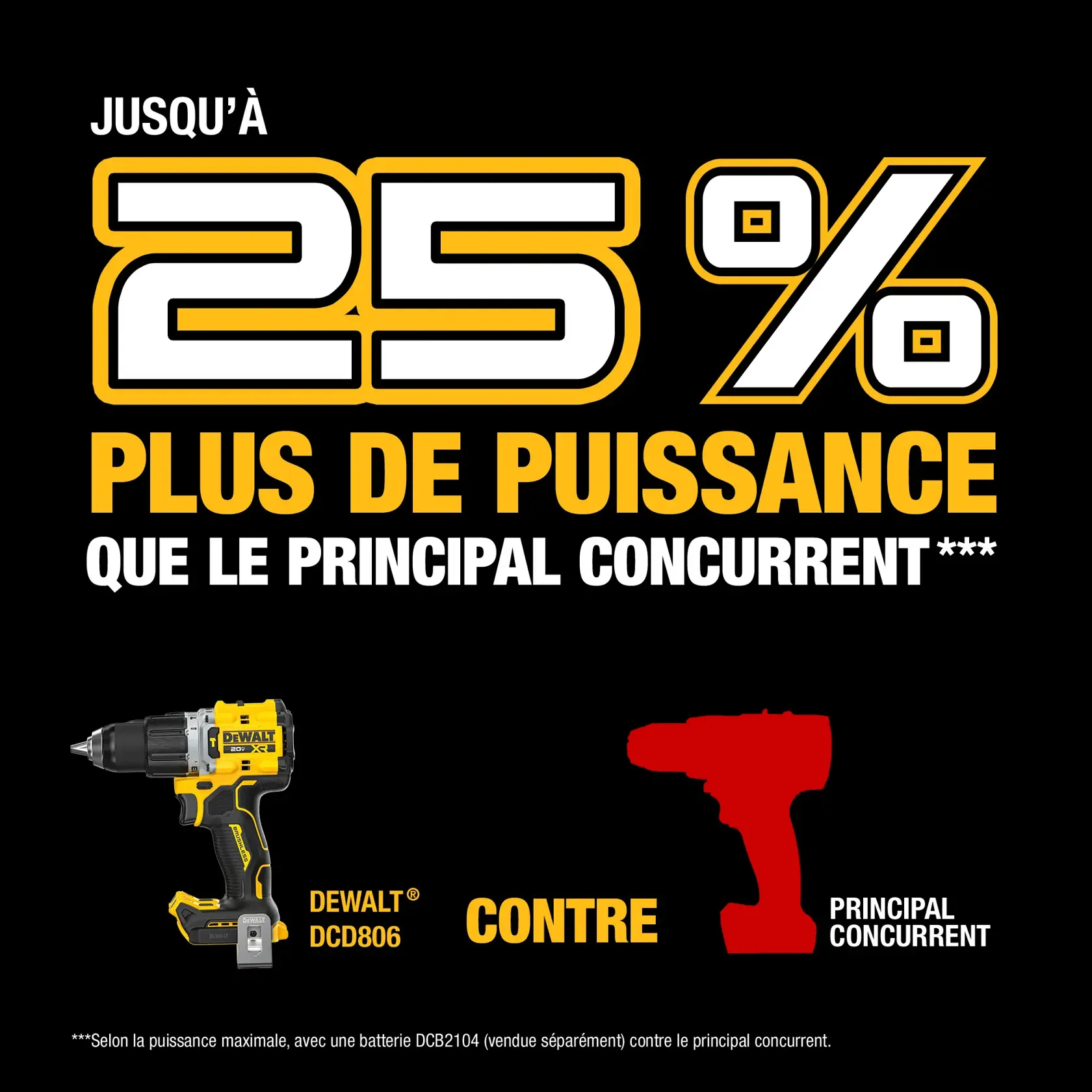 Image comparing DEWALT DCD806 drill with Milwaukee 2904-20 drill, highlighting that DEWALT is up to 25% more powerful. The DEWALT drill is shown in yellow and black, while the Milwaukee drill is represented as a red silhouette with white text. Additional text provides details about the comparison and trademarks.