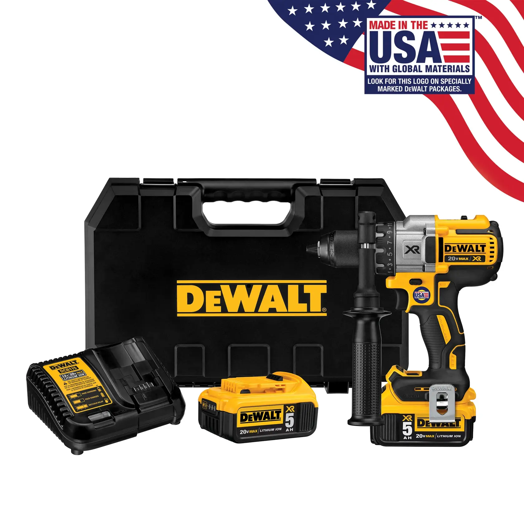 Un kit de perceuse sans fil DEWALT comprenant une mallette de transport noire avec le logo DEWALT, une perceuse sans fil jaune et noire, deux batteries et un chargeur de batterie.