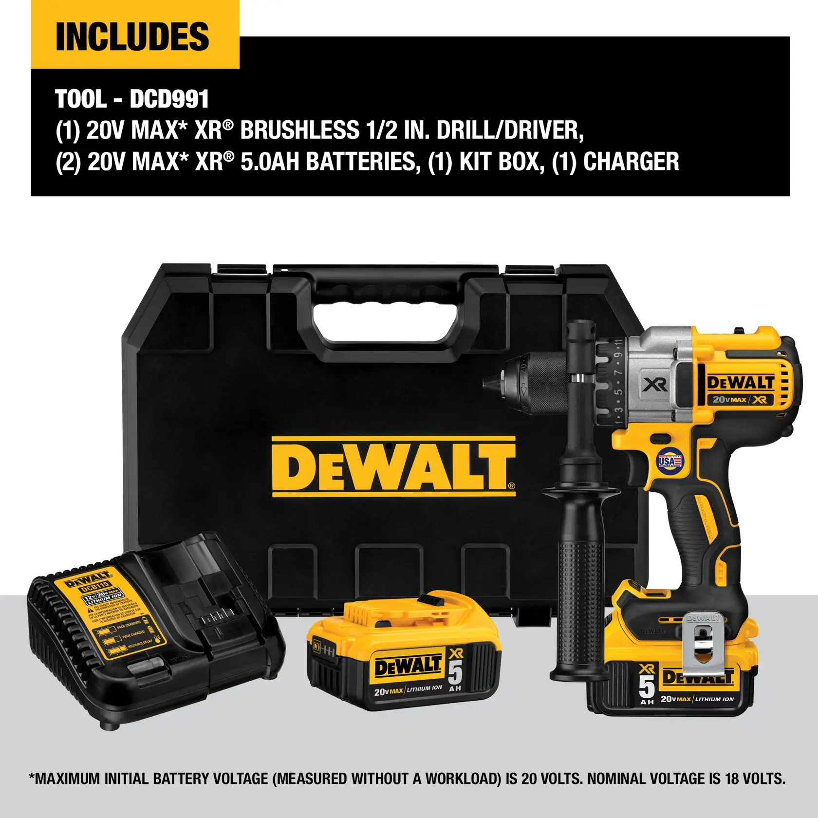 Le kit DEWALT DCD991P2 comprend une perceuse/visseuse brushless 1/2 pouce 20V MAX XR, deux batteries 20V MAX XR 5.0Ah, un chargeur et une mallette rigide. Tous les éléments sont présentés devant une boîte DEWALT de marque.