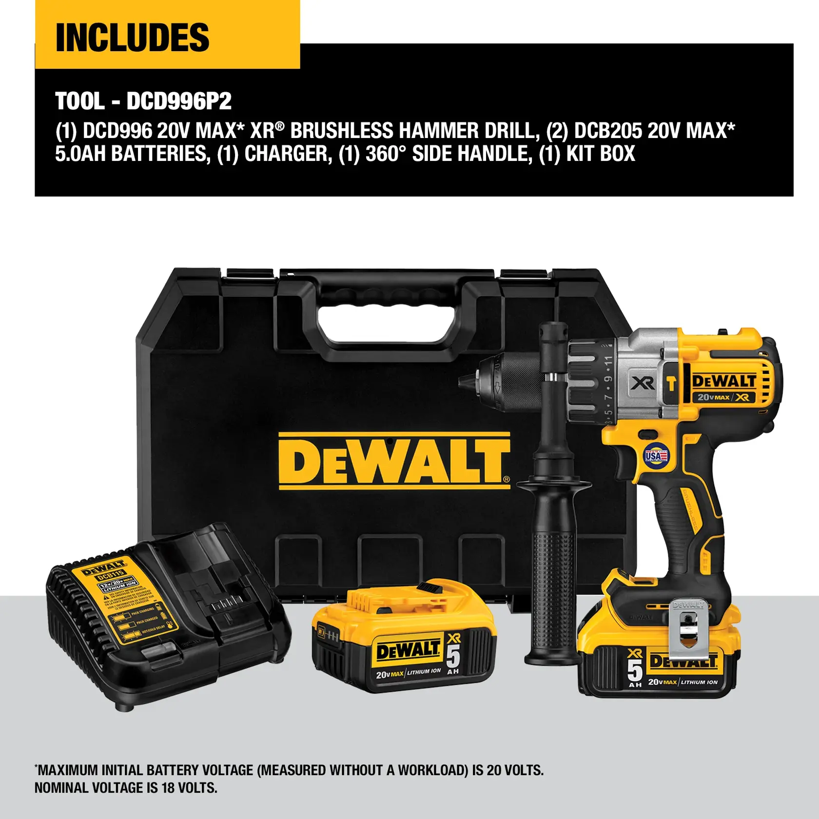 DEWALT DCD996P2 20V MAX XR brushless hammer drill kit, including a drill with side handle, two 20V MAX 5.0Ah lithium-ion batteries, charger, and a black and yellow DEWALT carrying case.