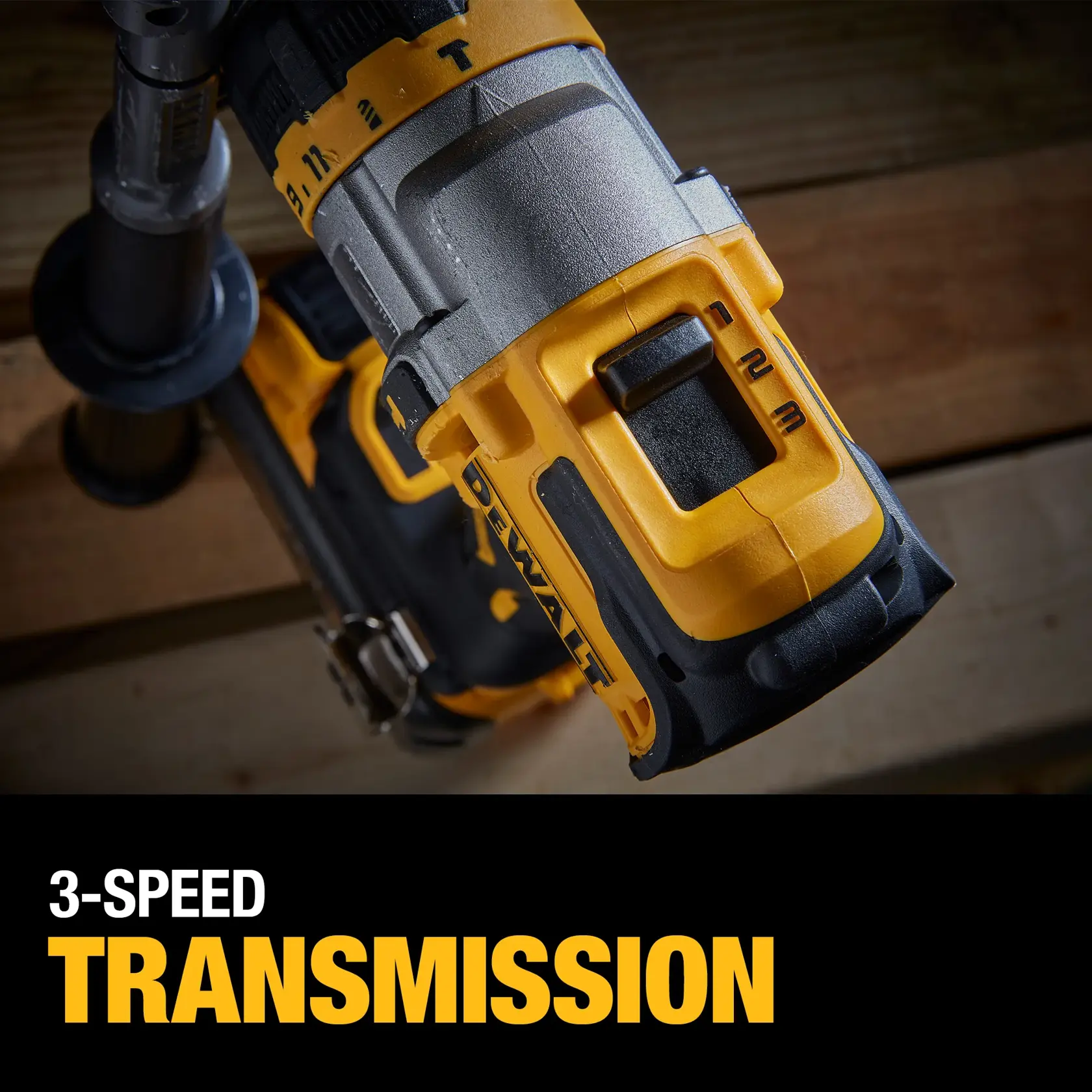 A person wearing work gloves uses a DEWALT cordless power drill to drill through a wooden beam as part of a construction project. Wood chips and dust are visible flying from the drilling area.