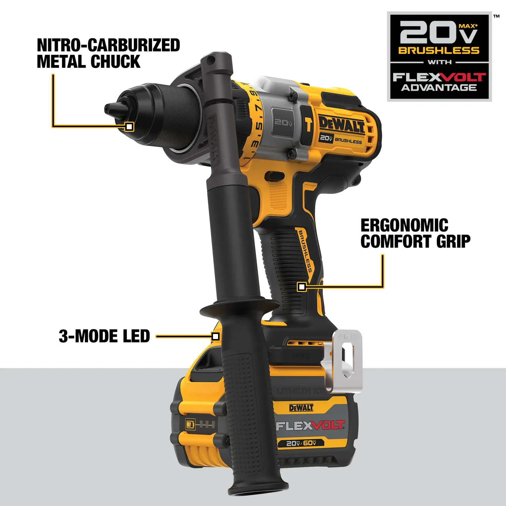 Une personne utilise une perceuse électrique sans fil DEWALT, modèle DCD999T1, pour percer dans un plancher en bois. La personne porte des gants noirs et travaille dans un environnement de construction ou de rénovation, avec des copeaux de bois qui voltigent.