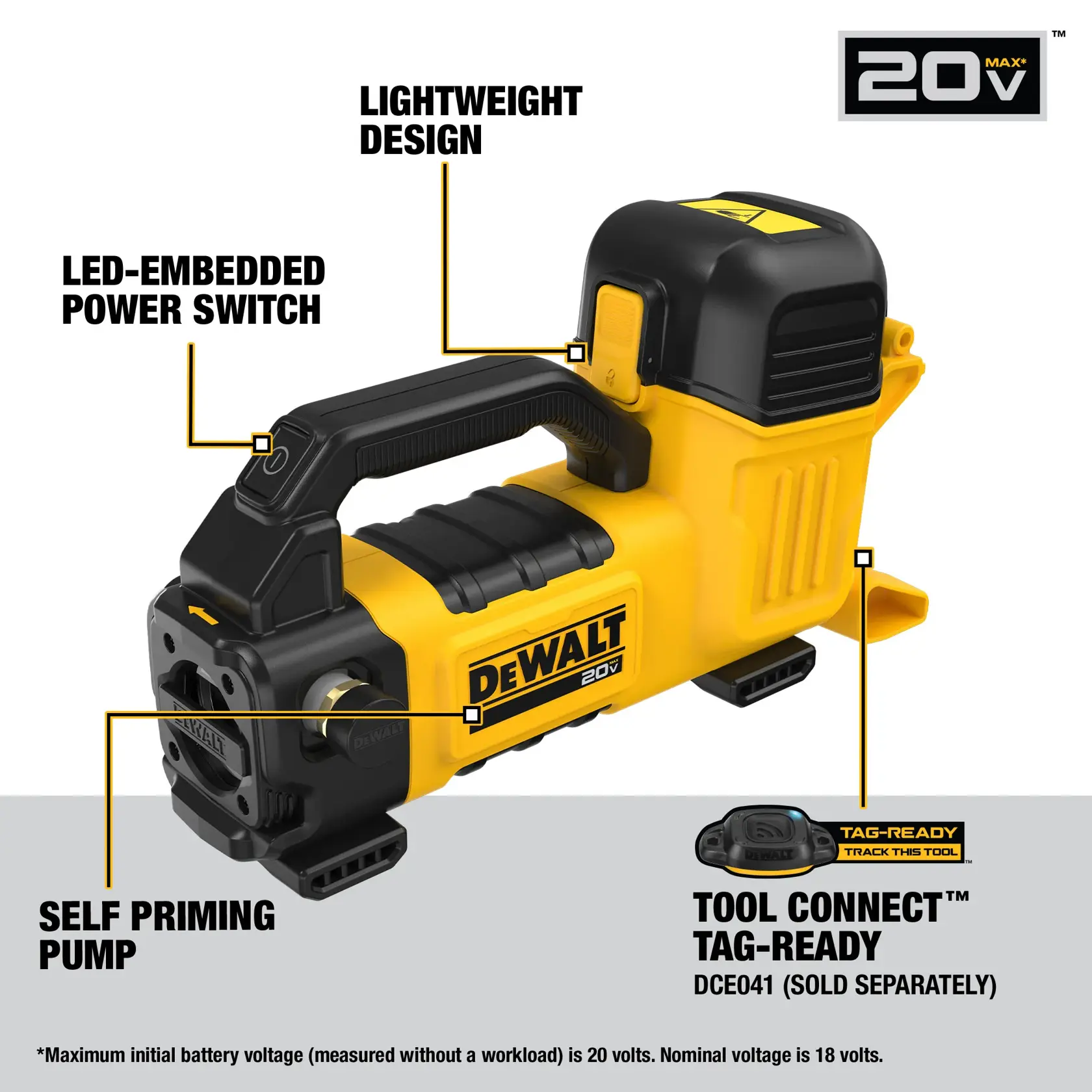Image of a DEWALT 20V portable device featuring a self-priming pump, lightweight design, LED-embedded power switch, and Tool Connect Tag-Ready compatibility (Tag sold separately). Product is shown in yellow and black with labeled callouts highlighting its main features.