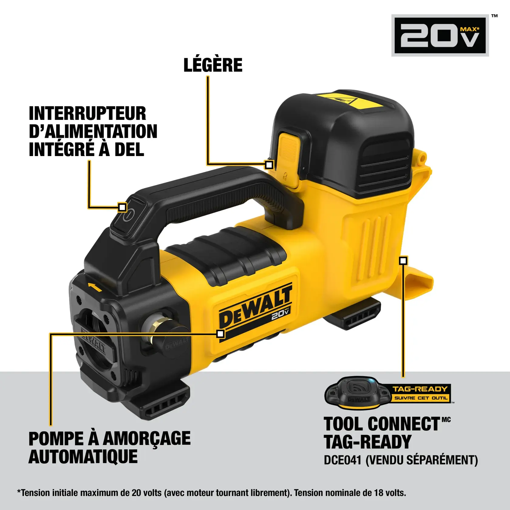 Image of a DEWALT 20V portable device featuring a self-priming pump, lightweight design, LED-embedded power switch, and Tool Connect Tag-Ready compatibility (Tag sold separately). Product is shown in yellow and black with labeled callouts highlighting its main features.