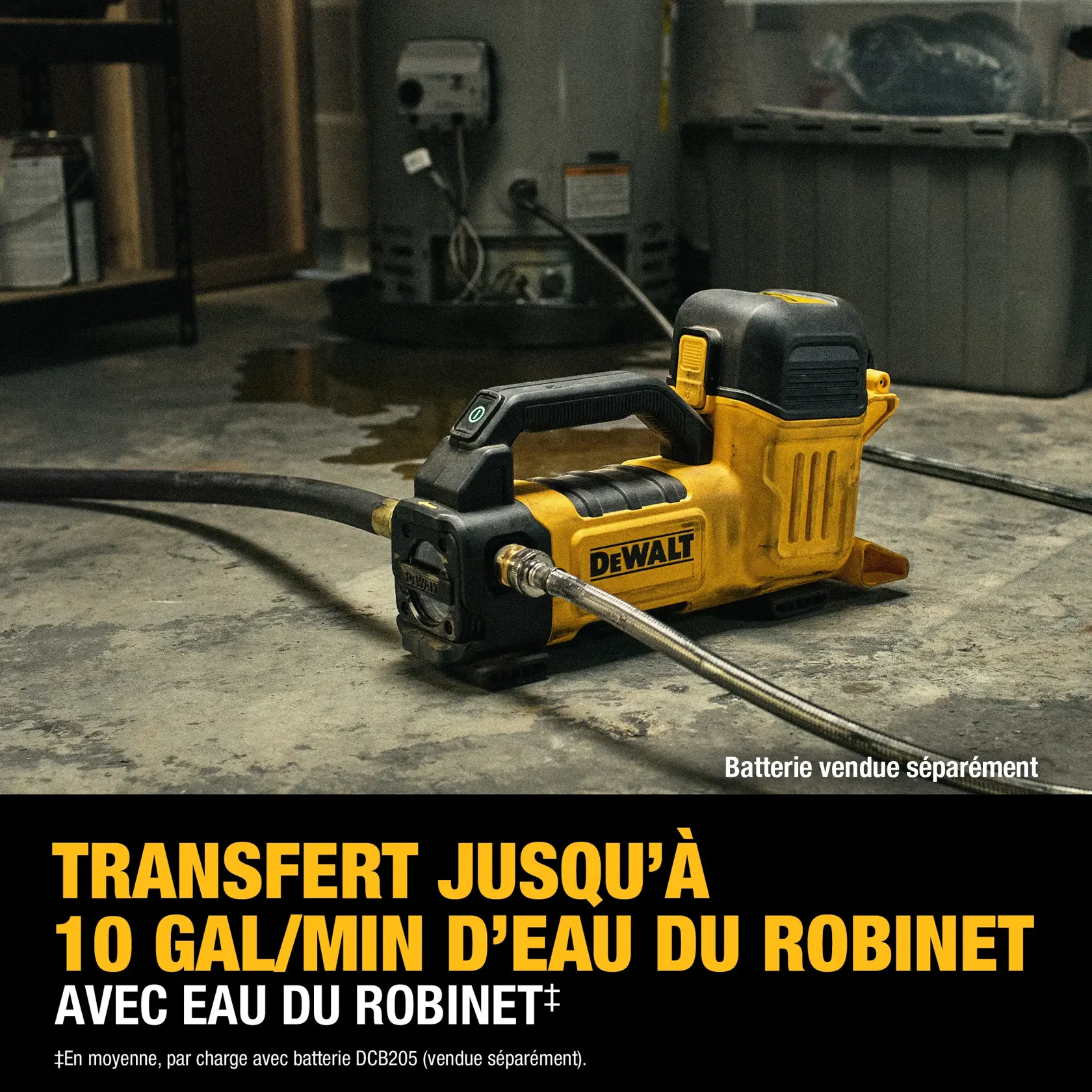 A DEWALT portable water transfer pump is shown connected to hoses in a workshop setting. The text on the image highlights the pump's capability to transfer up to 10 gallons per minute using tap water, and notes that the battery is sold separately.