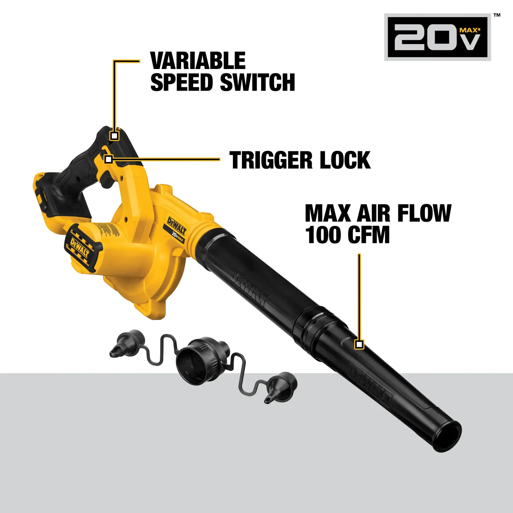 Image of a DEWALT 20V Max cordless blower, model DCE100B. The blower is yellow and black and features labeled highlights: variable speed switch, trigger lock, and maximum air flow of 100 CFM. Three nozzle attachments are shown below the blower.