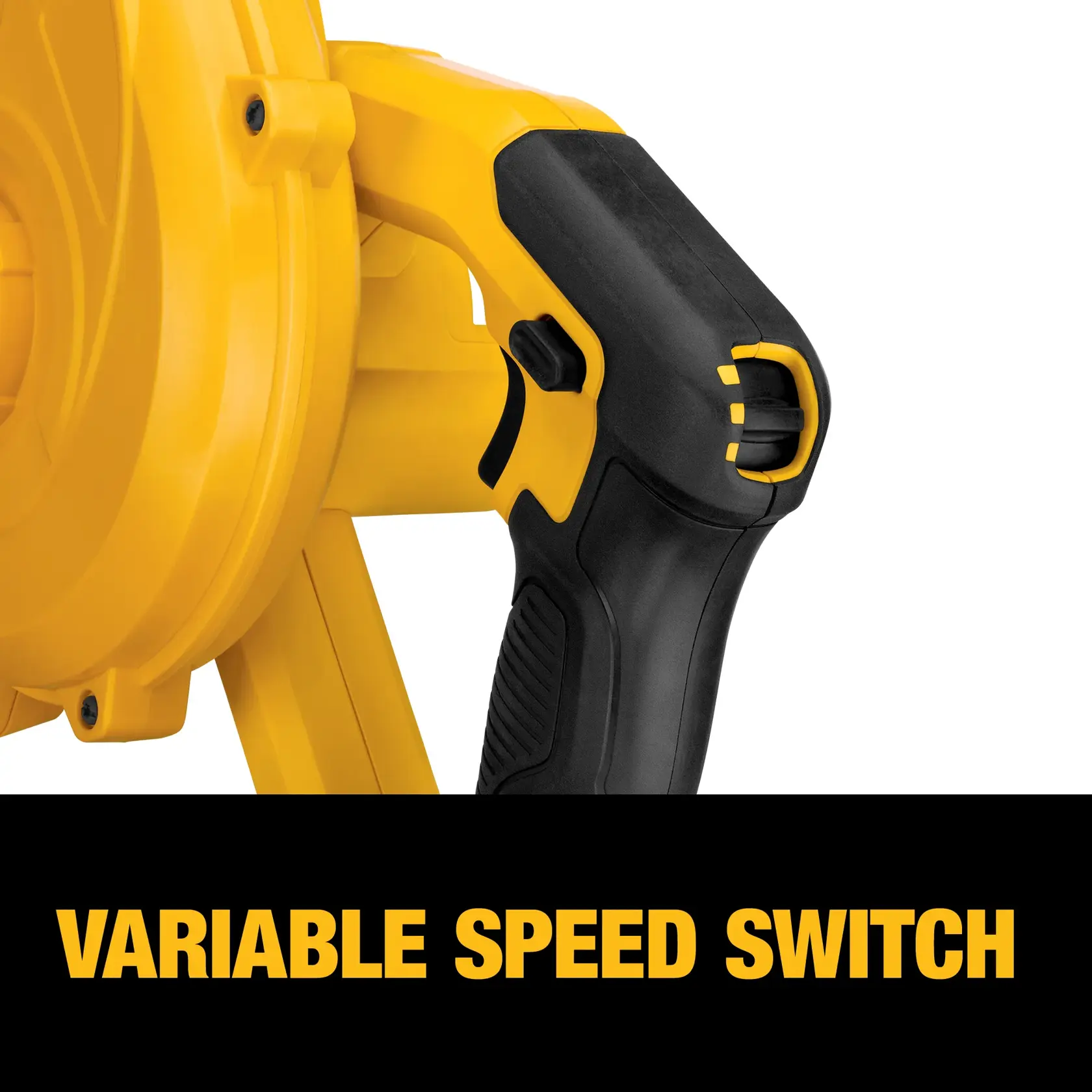 Close-up of a DEWALT power tool handle showing the variable speed switch, with bold text below reading 'VARIABLE SPEED SWITCH'.