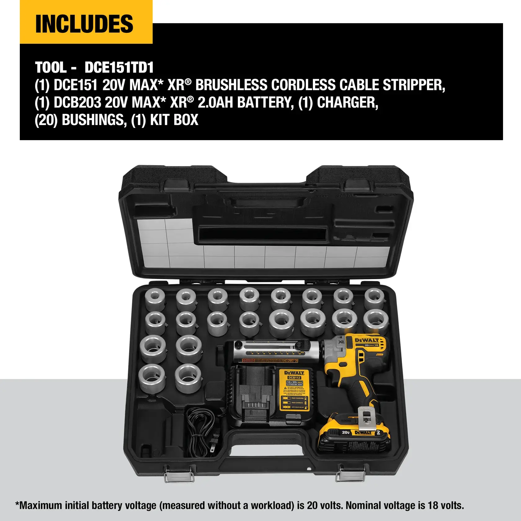A DEWALT DCE151TD1 kit box is shown open, containing a 20V MAX XR brushless cordless cable stripper tool, a 20V MAX XR 2.0Ah battery, a charger, twenty bushings, and organizing compartments. The kit contents are neatly arranged within the hard case.