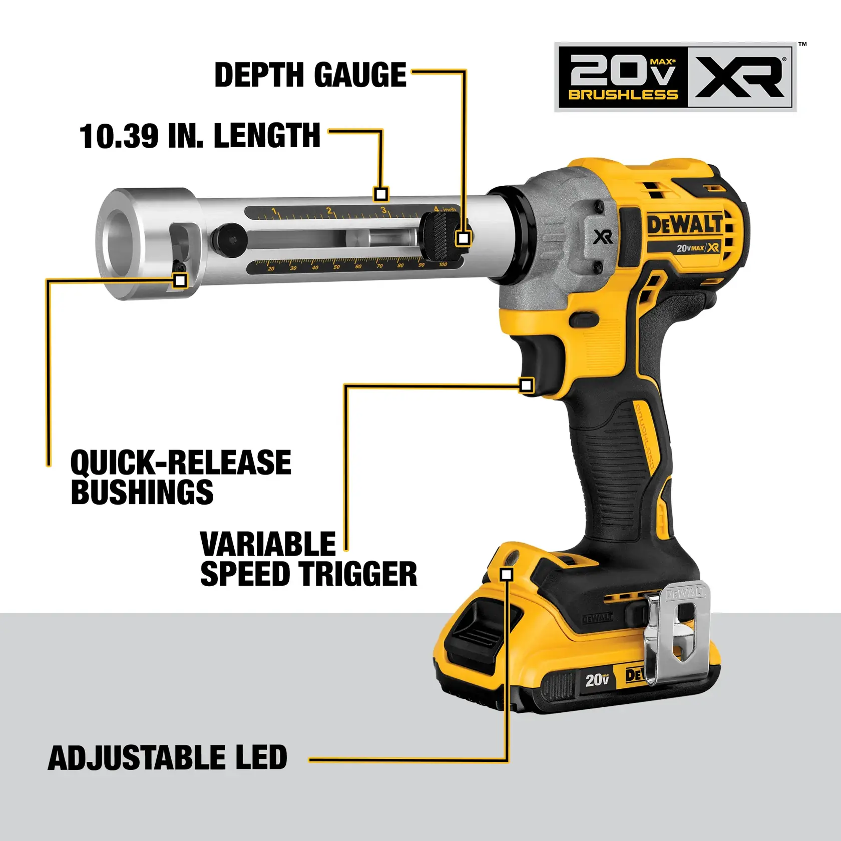 DEWALT 20V Max XR brushless cordless tool showing labeled features: depth gauge, 10.39 inch length, quick-release bushings, variable speed trigger, and adjustable LED light.