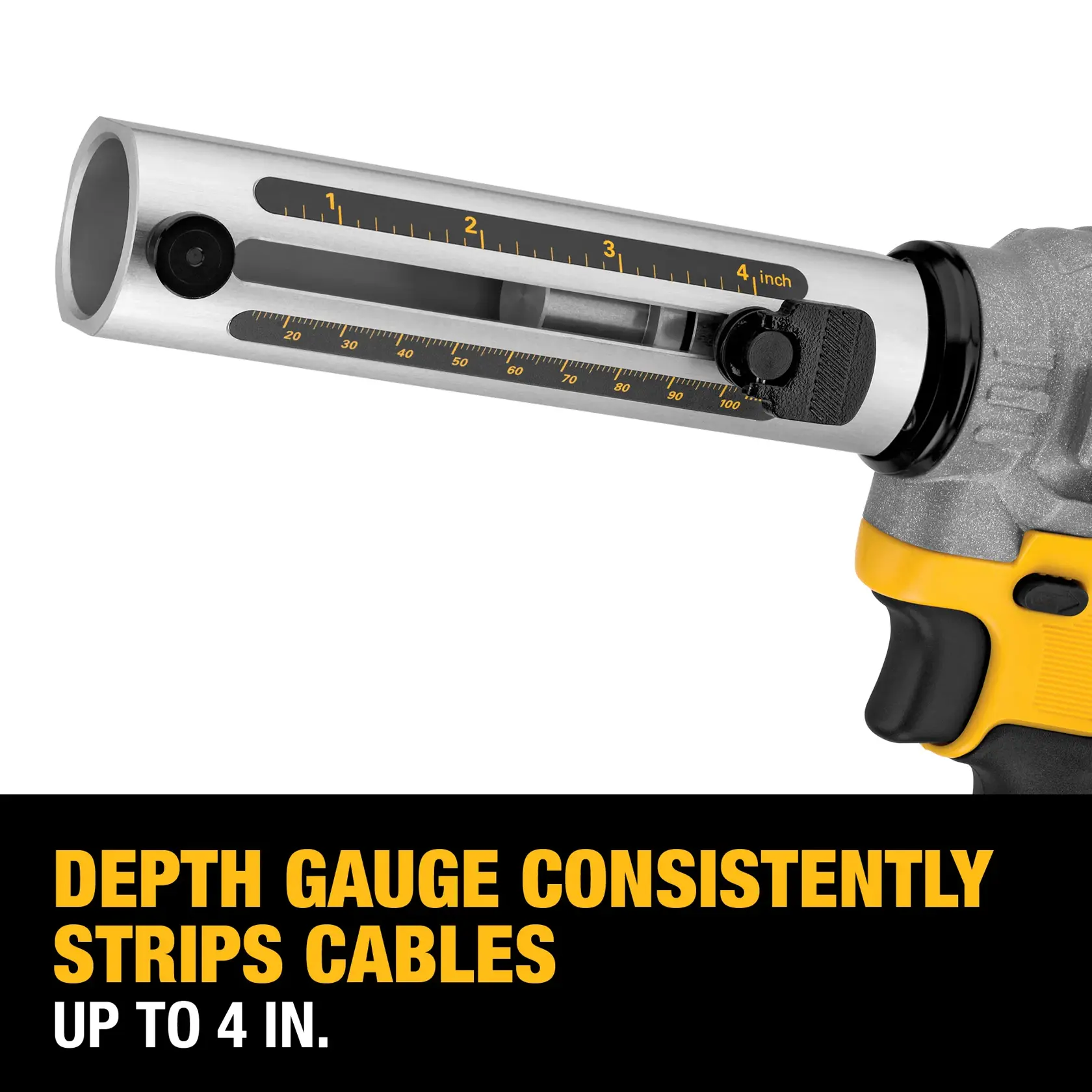 Close-up view of a DEWALT cable stripping tool showing its depth gauge, capable of stripping cables up to 4 inches. Text below explains the depth gauge consistently strips cables up to 4 inches.