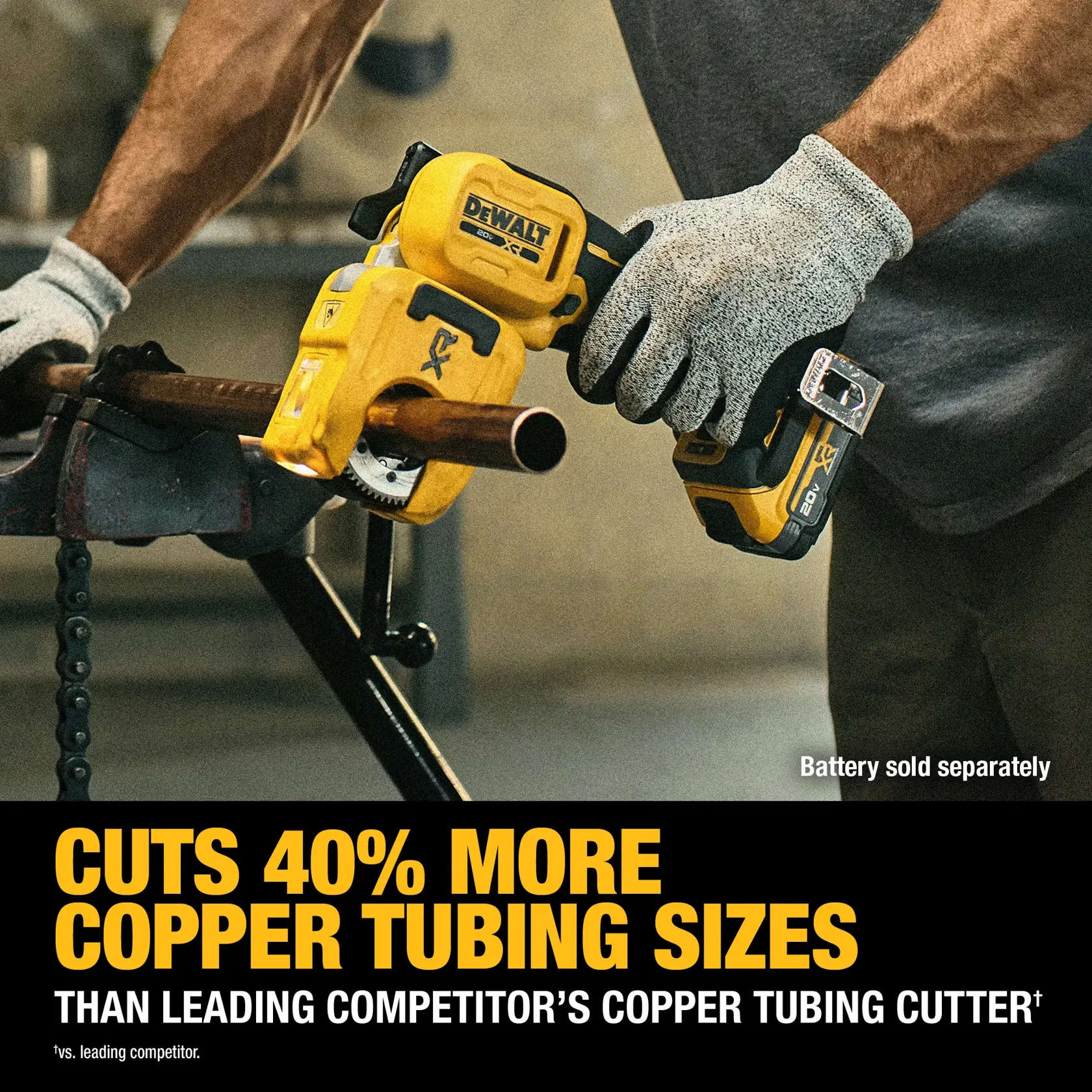 DEWALT tool cutting copper pipe, claims 40% more copper tubing sizes than competitors. Battery sold separately.