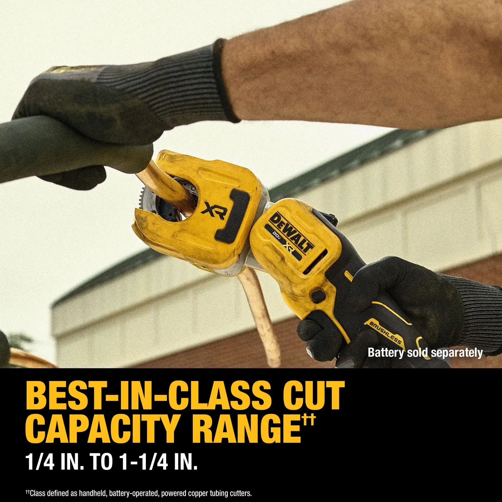 DEWALT cordless copper tube cutter shown cutting pipe. Text highlights best-in-class cut capacity range.