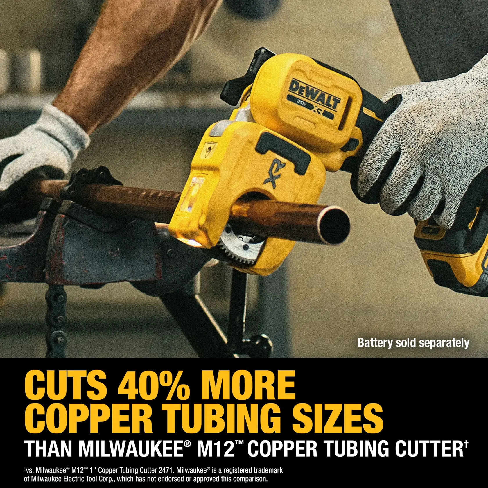 DEWALT copper tubing cutter being used; claims to cut 40% more sizes than Milwaukee M12; battery not included.