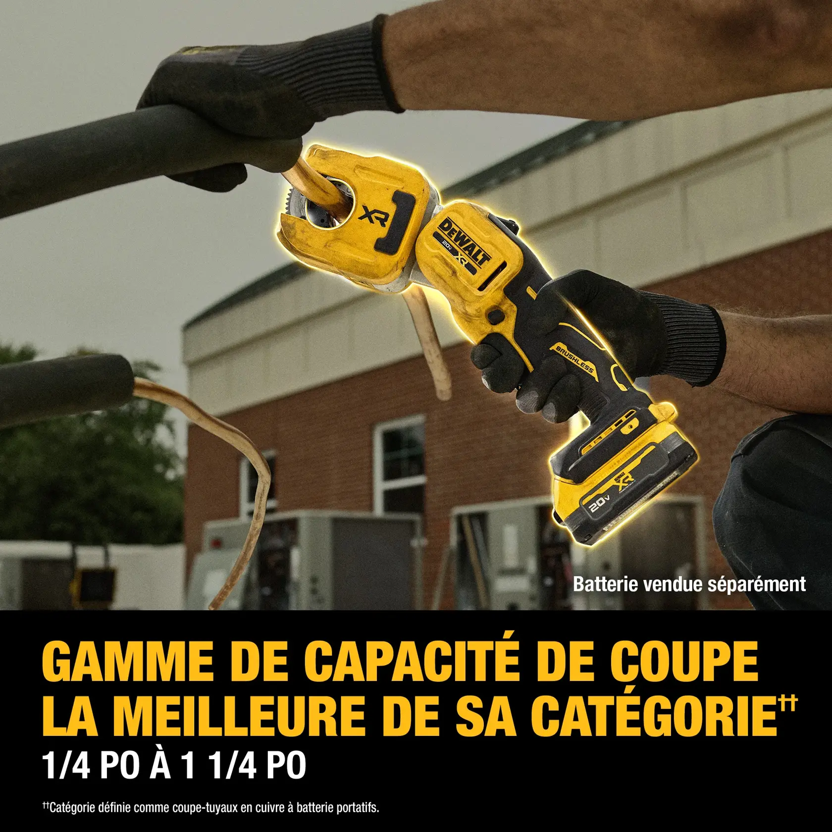 DEWALT cordless copper tube cutter shown cutting pipe. Text highlights best-in-class cut capacity range.