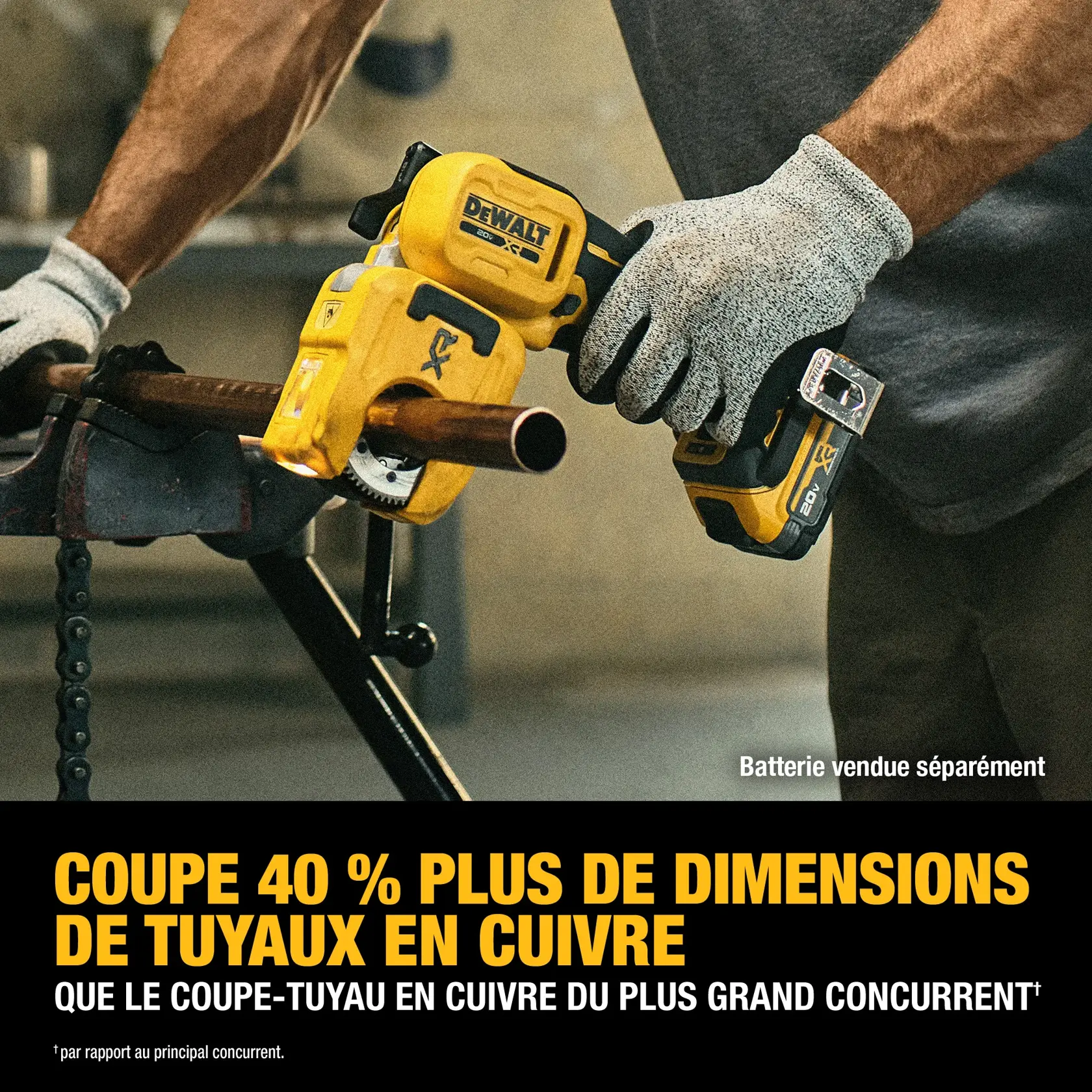 DEWALT tool cutting copper pipe, claims 40% more copper tubing sizes than competitors. Battery sold separately.