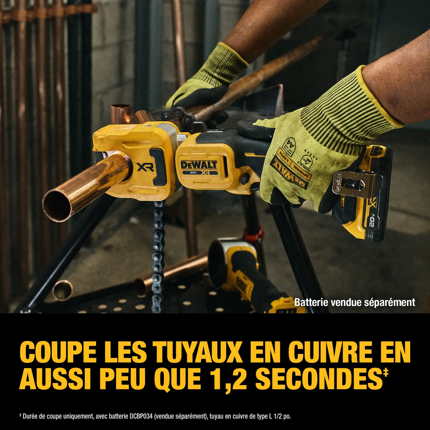 DEWALT copper tubing cutter being used; claims to cut 40% more sizes than Milwaukee M12; battery not included.