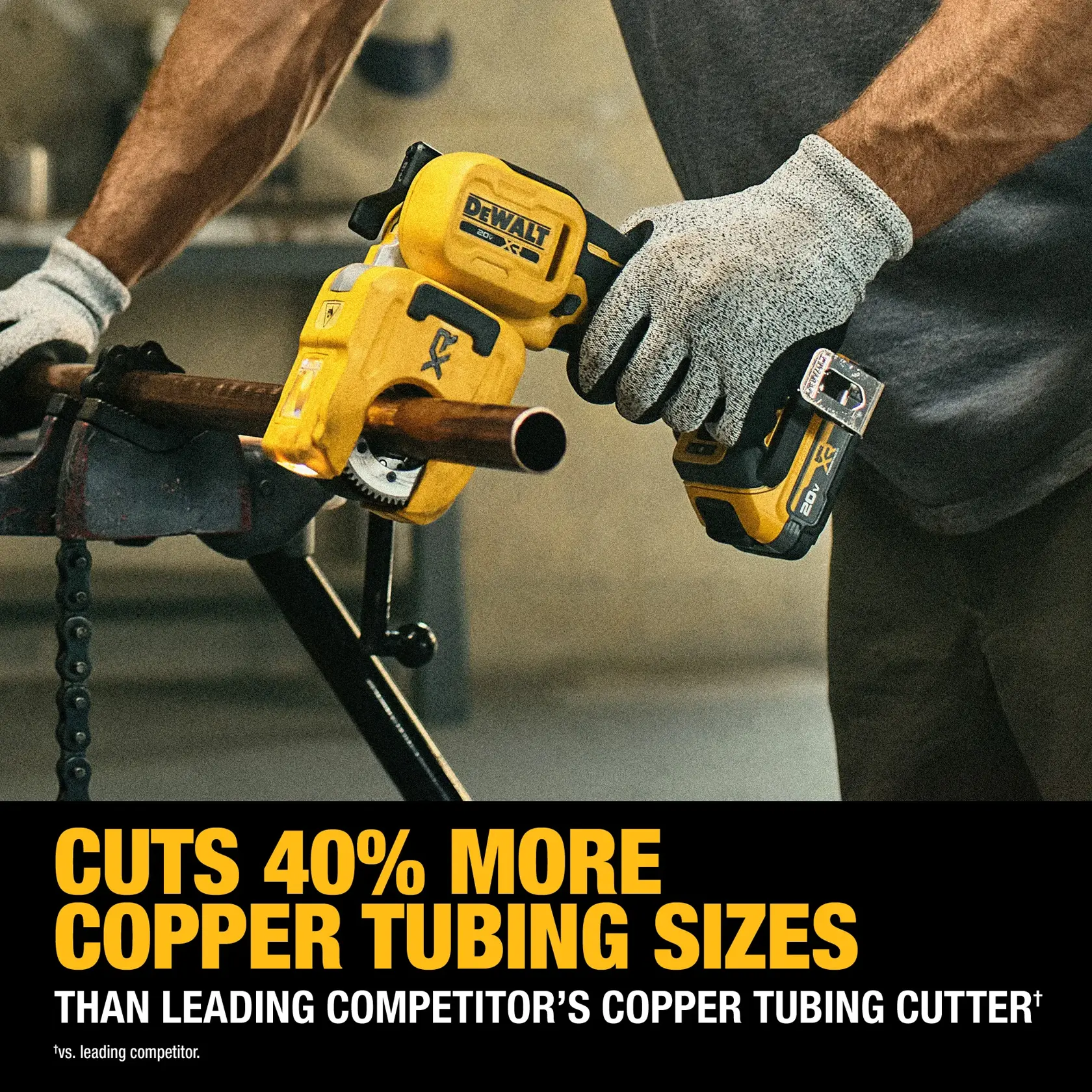 Person using DEWALT cutter to cut copper tubing, emphasizing it cuts 40% more sizes than competitors.