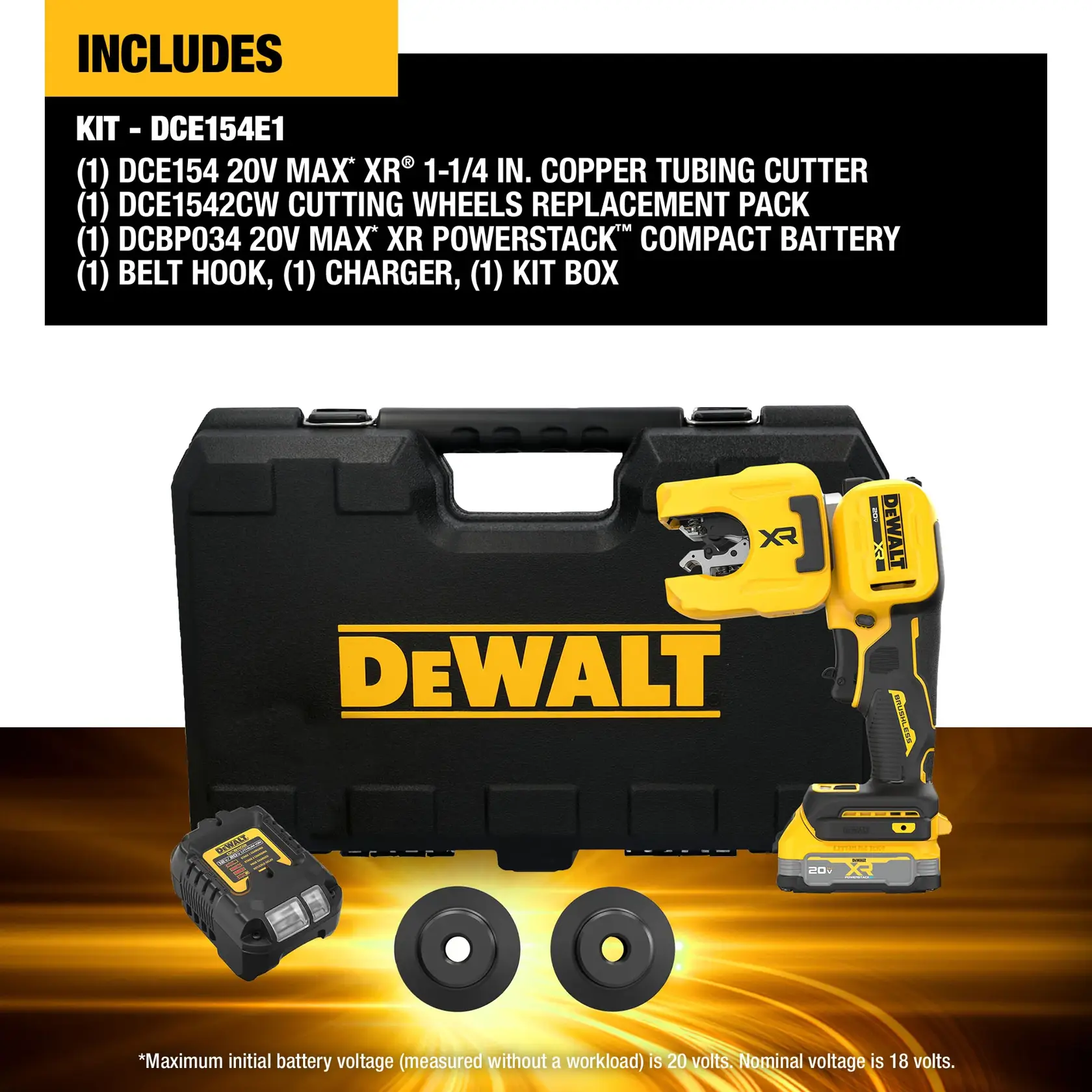 DEWALT copper tubing cutter kit with tool, battery, wheels, charger, case, and accessories shown.