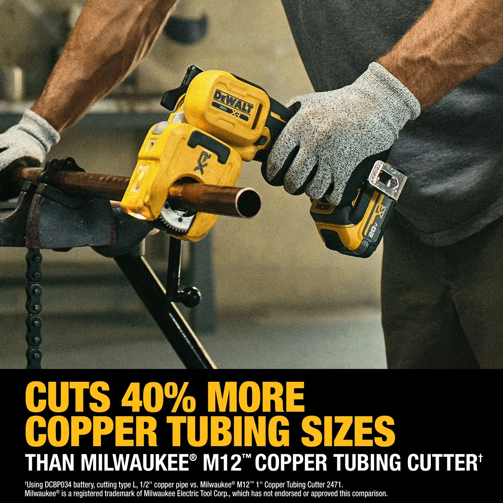 Person uses DEWALT copper tubing cutter tool on pipe. Text claims it cuts 40% more sizes than a competitor.