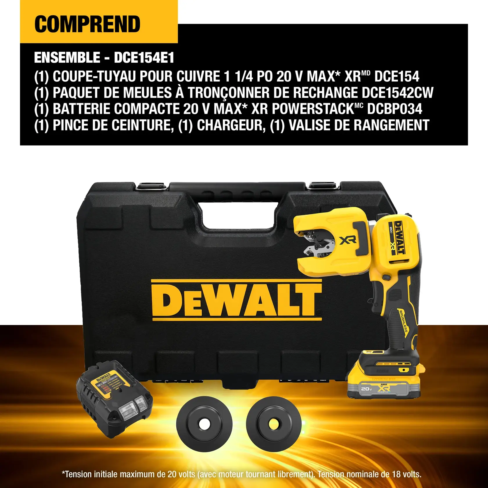 DEWALT copper tubing cutter kit with tool, battery, wheels, charger, case, and accessories shown.