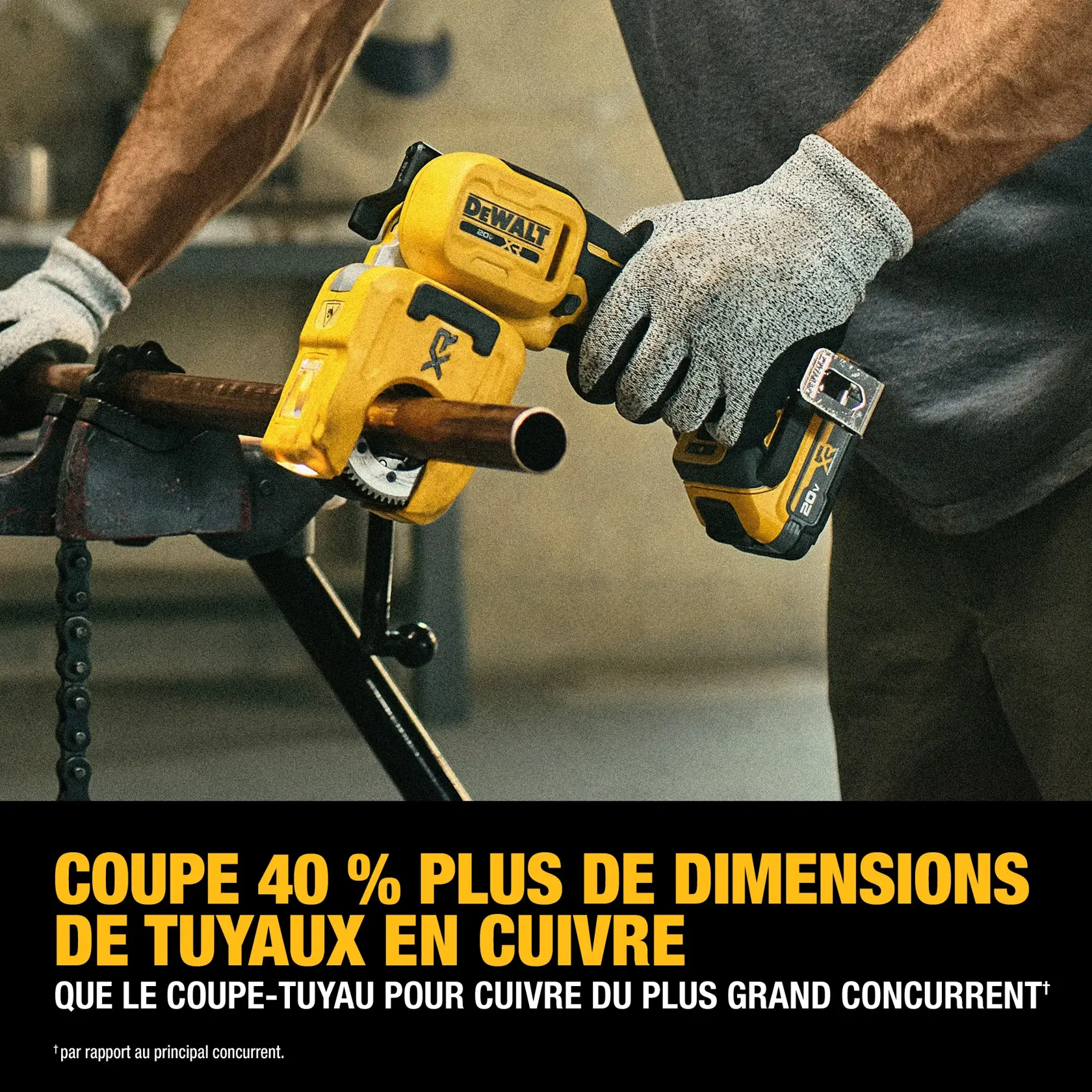 Person using DEWALT cutter to cut copper tubing, emphasizing it cuts 40% more sizes than competitors.