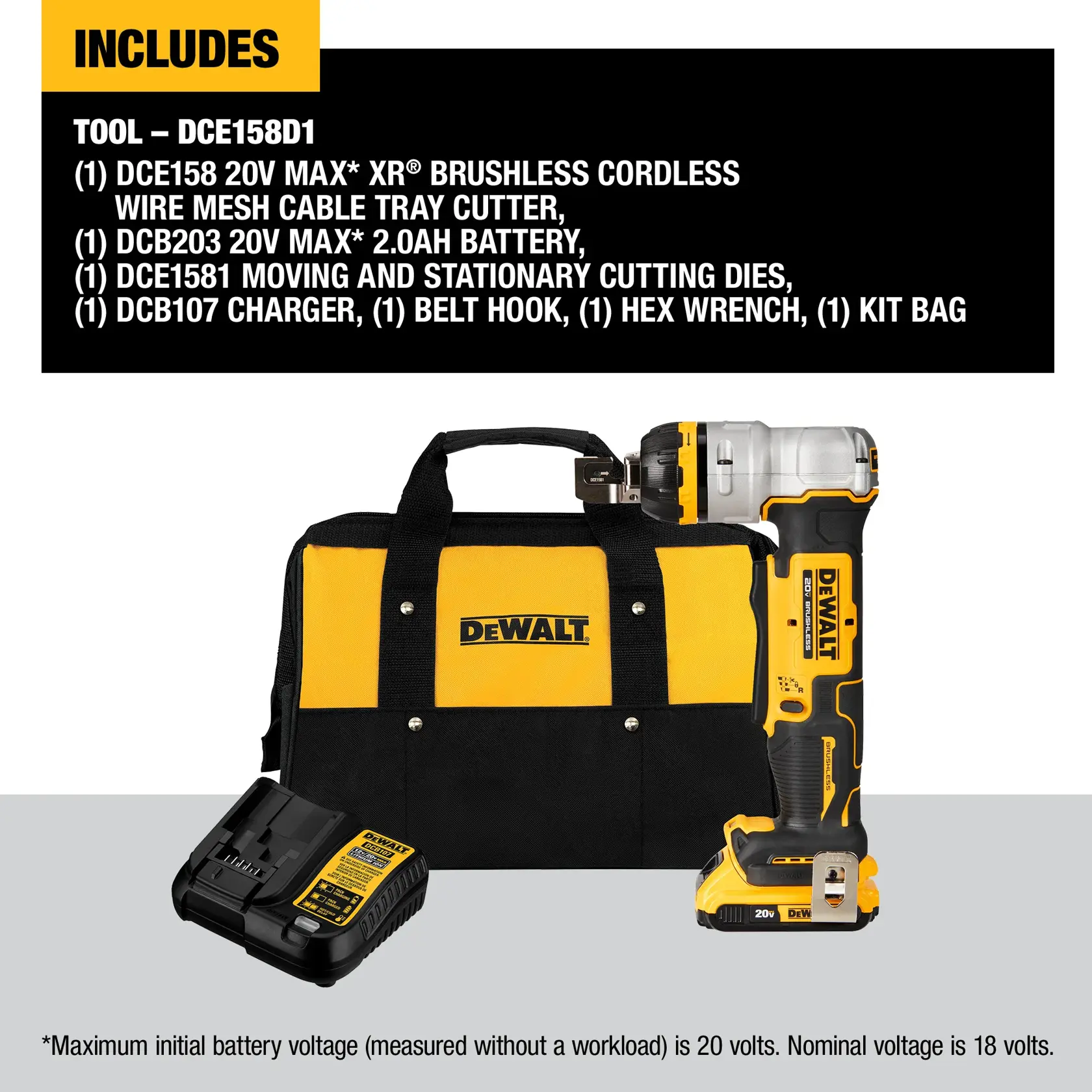 DEWALT DCE158D1 product kit including a cordless wire mesh cable tray cutter, battery, charger, cutting dies, belt hook, hex wrench, and a kit bag. The image displays the yellow and black DEWALT branded tool bag, the cutter tool, and the battery charger.