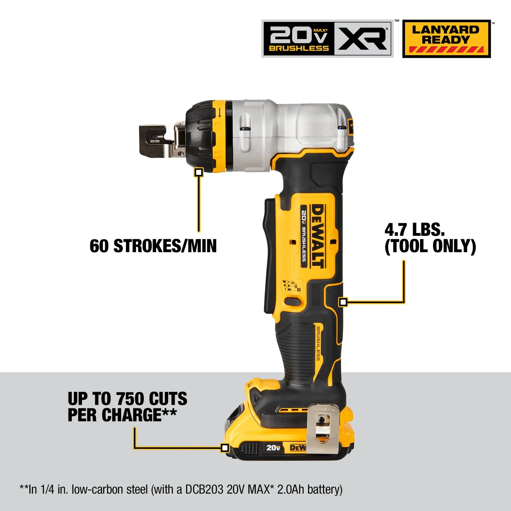 DEWALT 20V MAX XR Brushless Lanyard Ready tool, featuring 60 strokes per minute, weighs 4.7 lbs (tool only), and delivers up to 750 cuts per charge in 1/4 inch low-carbon steel (with DCB203 20V MAX 2.0Ah battery).