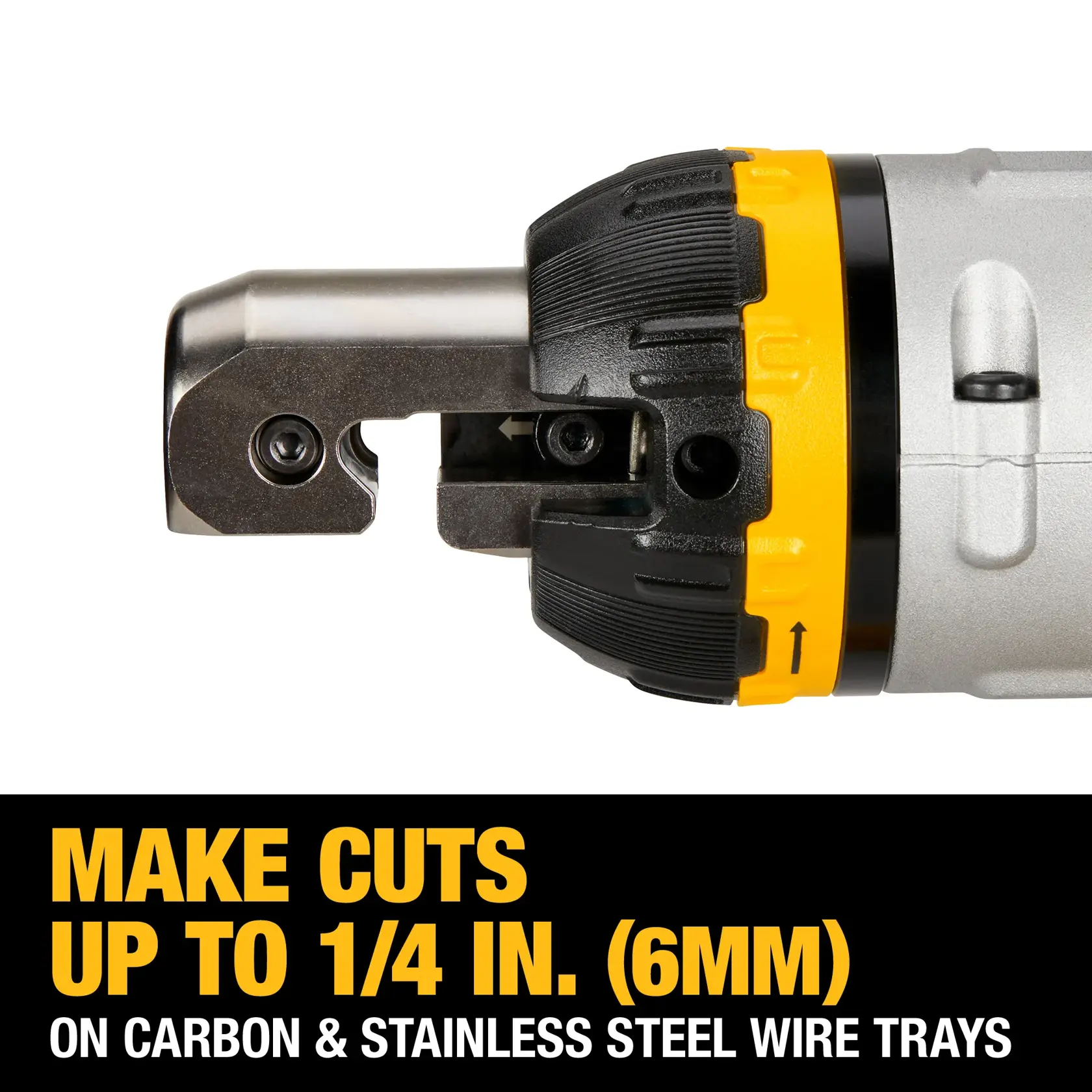 Close-up view of the DEWALT wire tray cutting tool, showing the cutting head, with text stating 'MAKE CUTS UP TO 1/4 IN. (6MM) ON CARBON & STAINLESS STEEL WIRE TRAYS'.