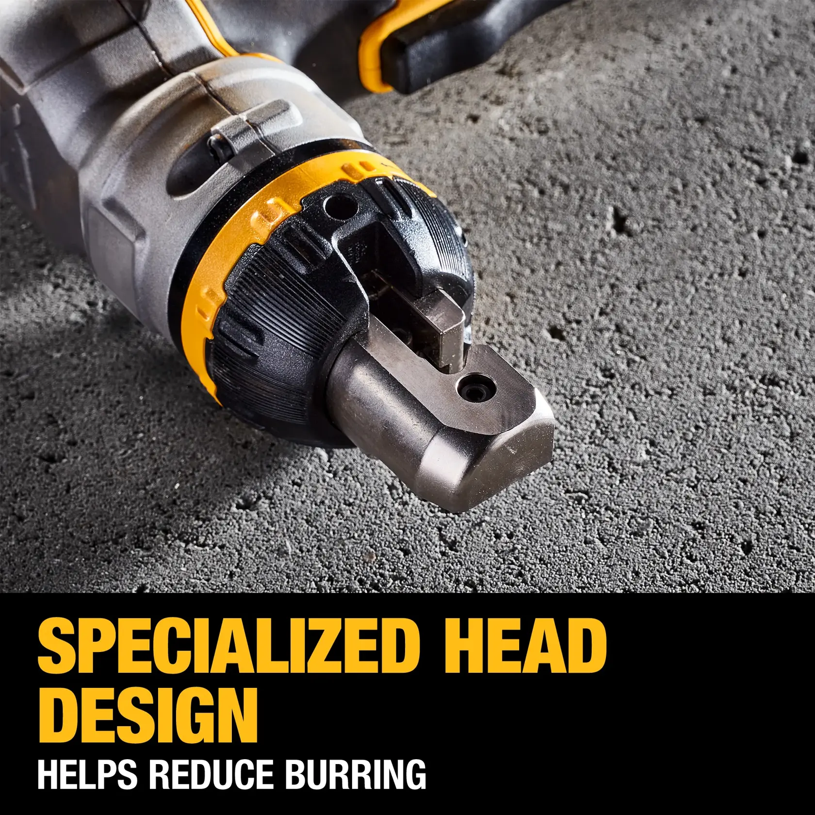 Close-up of a DEWALT tool head with a specialized design, placed on a rough concrete surface. Text overlay reads: 'Specialized head design helps reduce burring.'