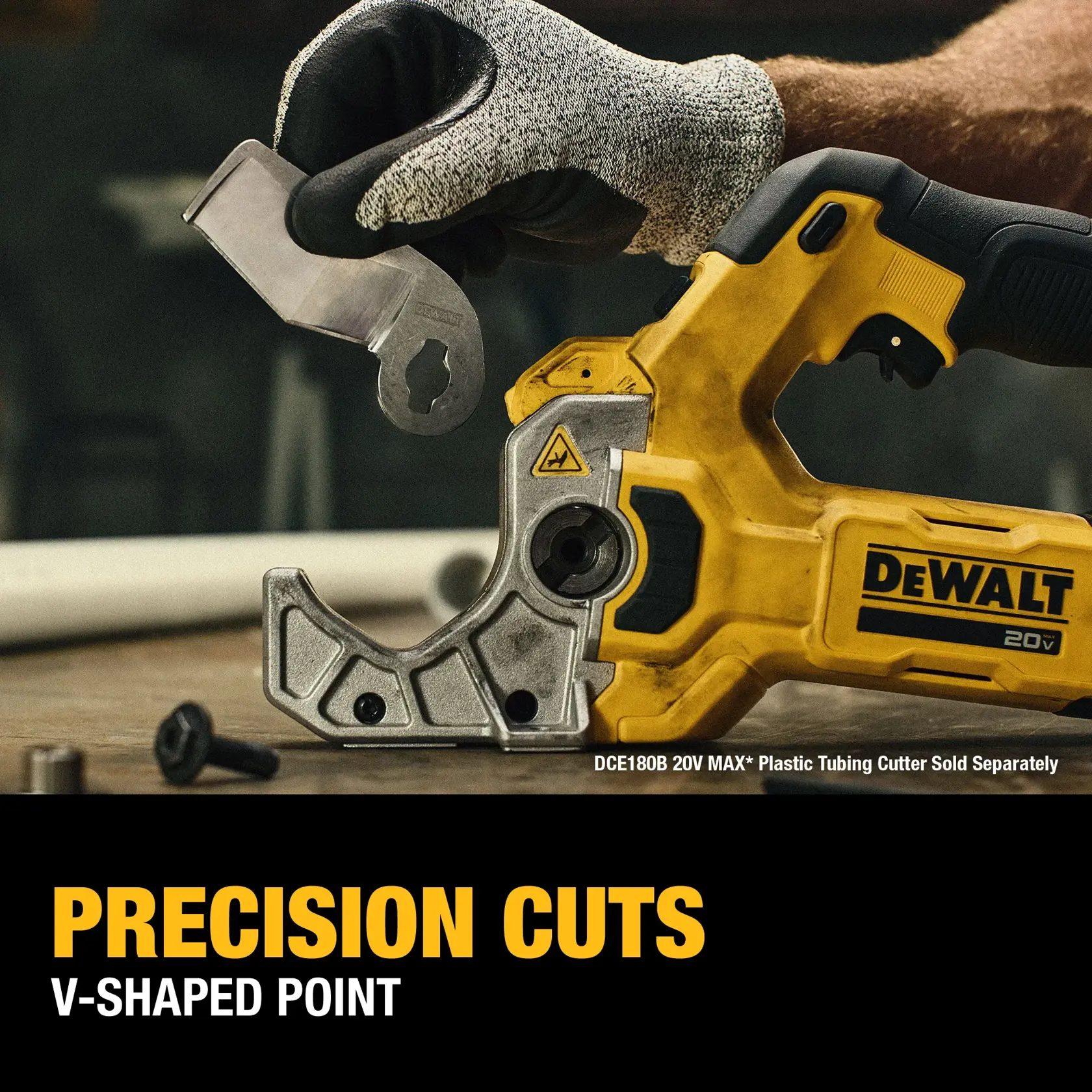 A close-up of a DEWALT DCE1801 20V power tool for precision cuts, held by a gloved hand. The tool features a V-shaped point and is used for cutting plastic tubing. Text on the image highlights 'Precision Cuts' and 'V-shaped Point'.