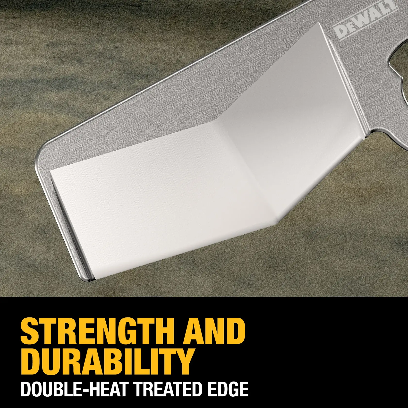 Close-up view of a DEWALT metal tool edge, highlighting its double-heat treated blade for strength and durability. The background is textured, and bold yellow and white text at the bottom states 'Strength and Durability' and 'Double-Heat Treated Edge.'