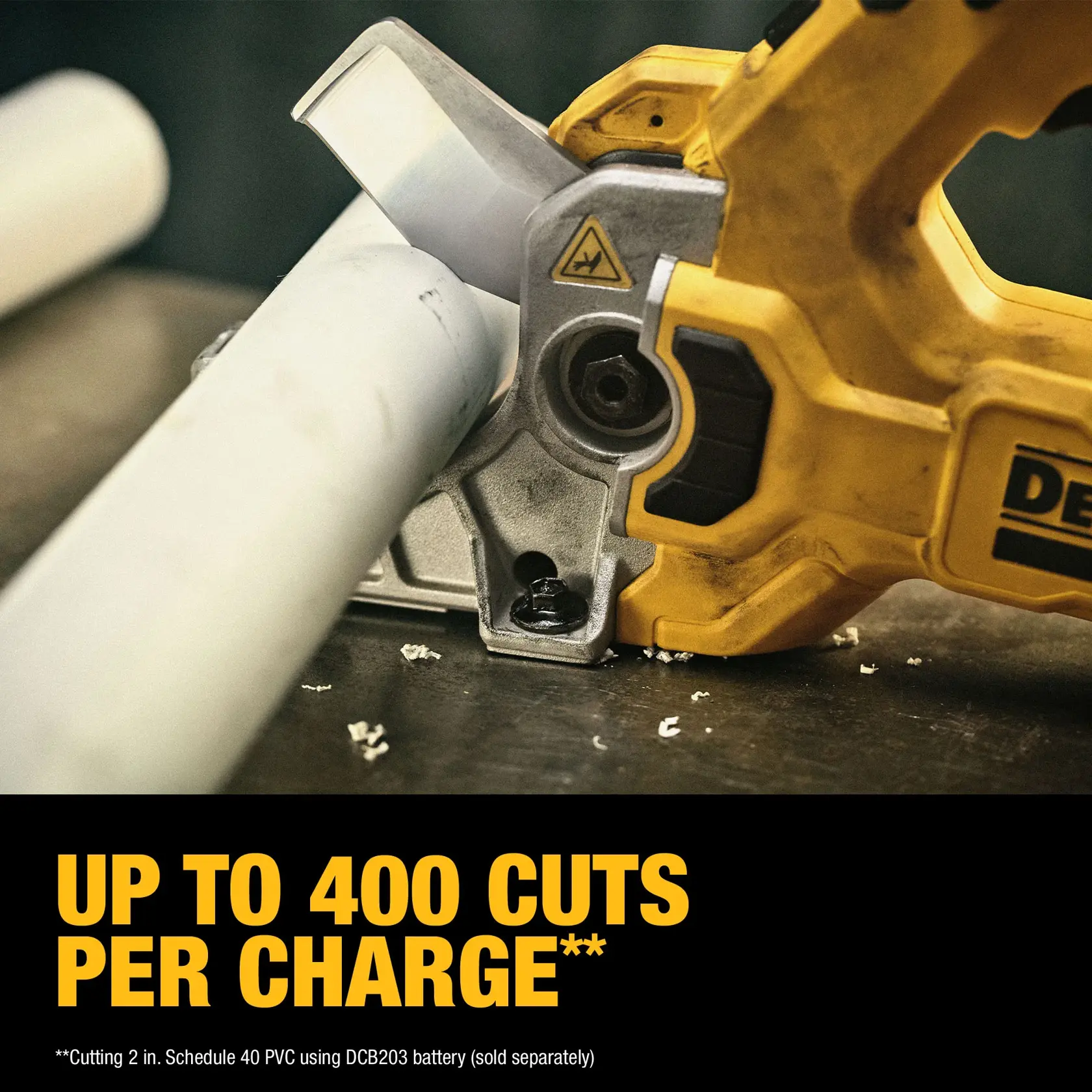 A close-up of a DEWALT power tool cutting a white PVC pipe, with text below stating 'Up to 400 cuts per charge.' Additional info mentions performance based on cutting 2 inch Schedule 40 PVC using DCB203 battery, sold separately.