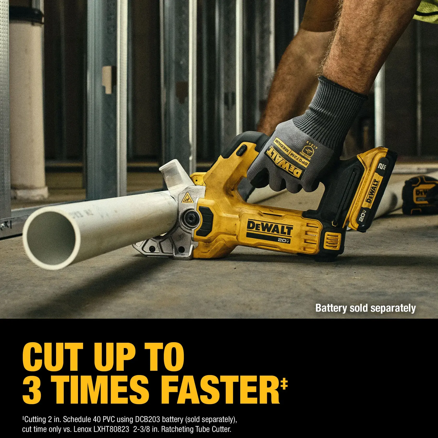 A DEWALT 20V MAX cordless PVC pipe cutter tool is shown cutting a white PVC pipe in a construction setting. The tool is held by a person wearing DEWALT branded gloves. Text on the image highlights that the cutter can cut up to three times faster, and notes that the battery is sold separately.