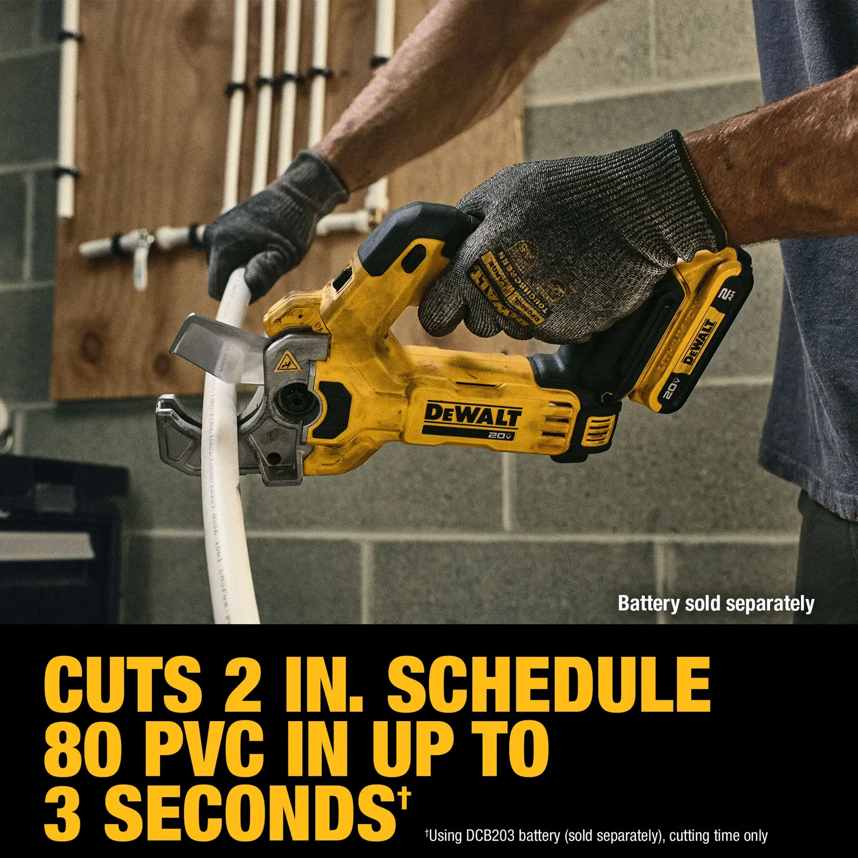A person wearing work gloves is using a yellow DEWALT cordless pipe cutter to cut a white PVC pipe, with text indicating that the tool can cut 2-inch Schedule 80 PVC in up to 3 seconds. The tool's battery is shown and noted as sold separately.