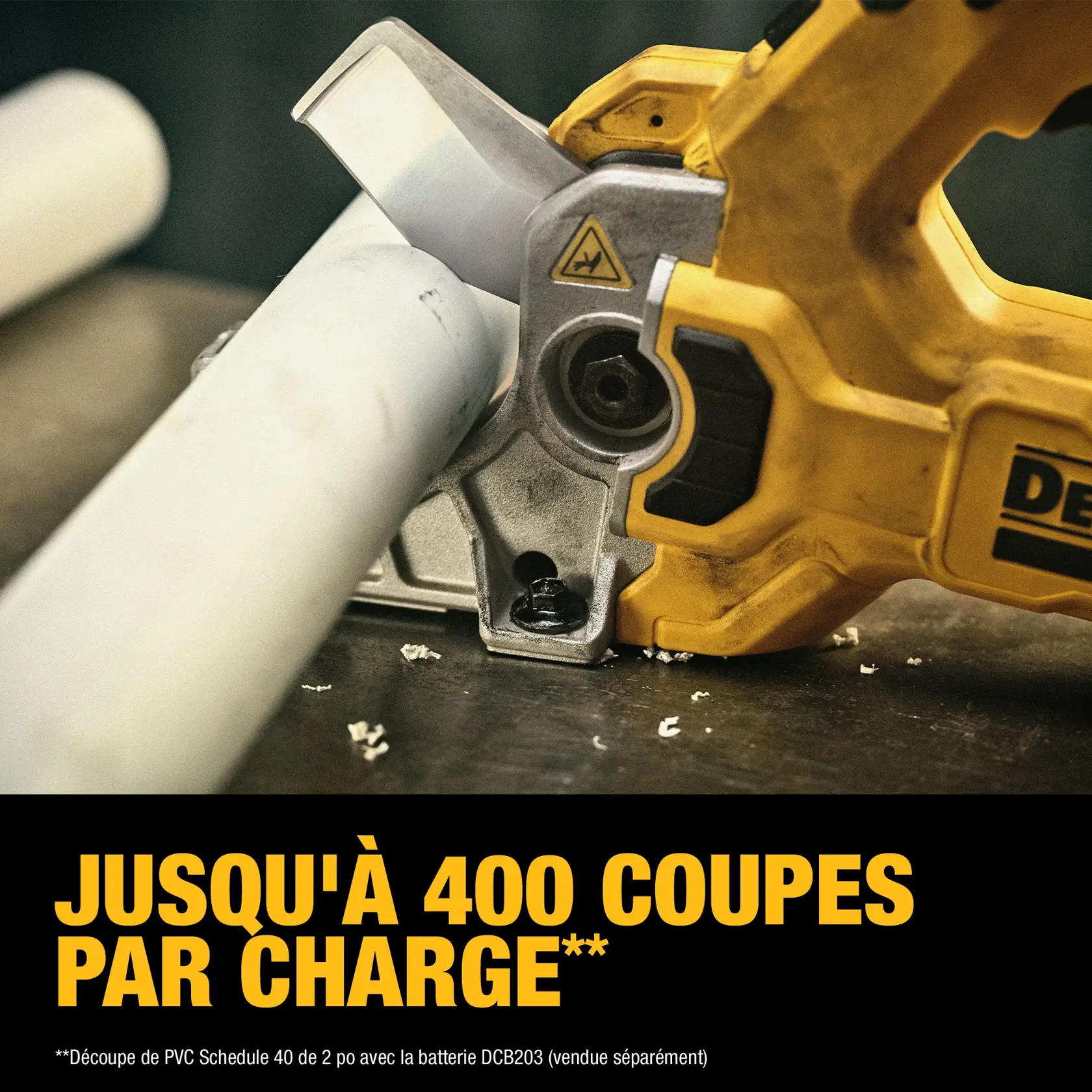 A close-up of a DEWALT power tool cutting a white PVC pipe, with text below stating 'Up to 400 cuts per charge.' Additional info mentions performance based on cutting 2 inch Schedule 40 PVC using DCB203 battery, sold separately.
