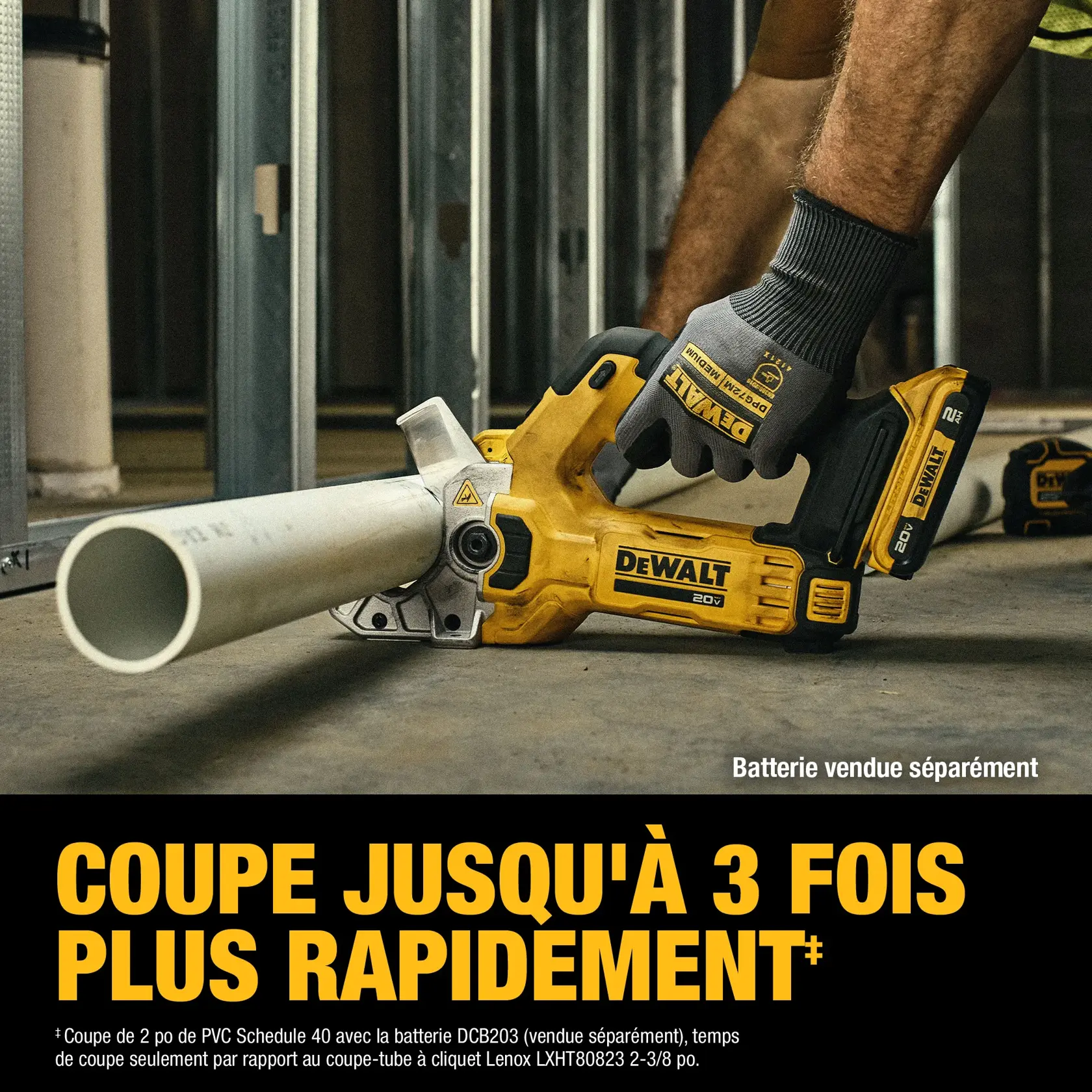 A DEWALT 20V MAX cordless PVC pipe cutter tool is shown cutting a white PVC pipe in a construction setting. The tool is held by a person wearing DEWALT branded gloves. Text on the image highlights that the cutter can cut up to three times faster, and notes that the battery is sold separately.