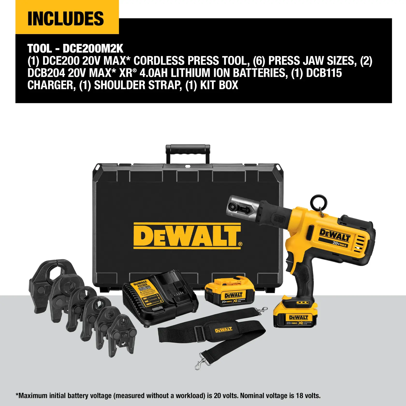 DEWALT DCE200M2K kit, including a 20V MAX cordless press tool, six press jaw sizes, two lithium-ion batteries, a charger, a shoulder strap, and a large kit box. All components are displayed with the DEWALT branding.