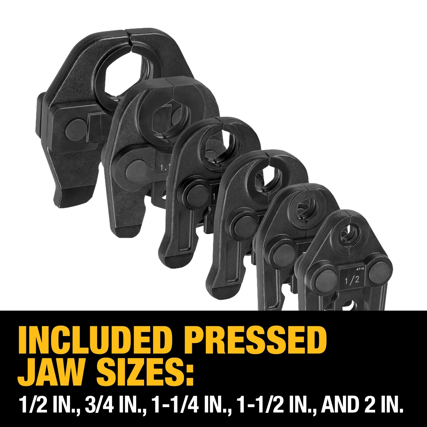 Five DEWALT pressed jaw attachments in different sizes (1/2 in., 3/4 in., 1-1/4 in., 1-1/2 in., and 2 in.) are shown in a row. The text highlights the included size options.