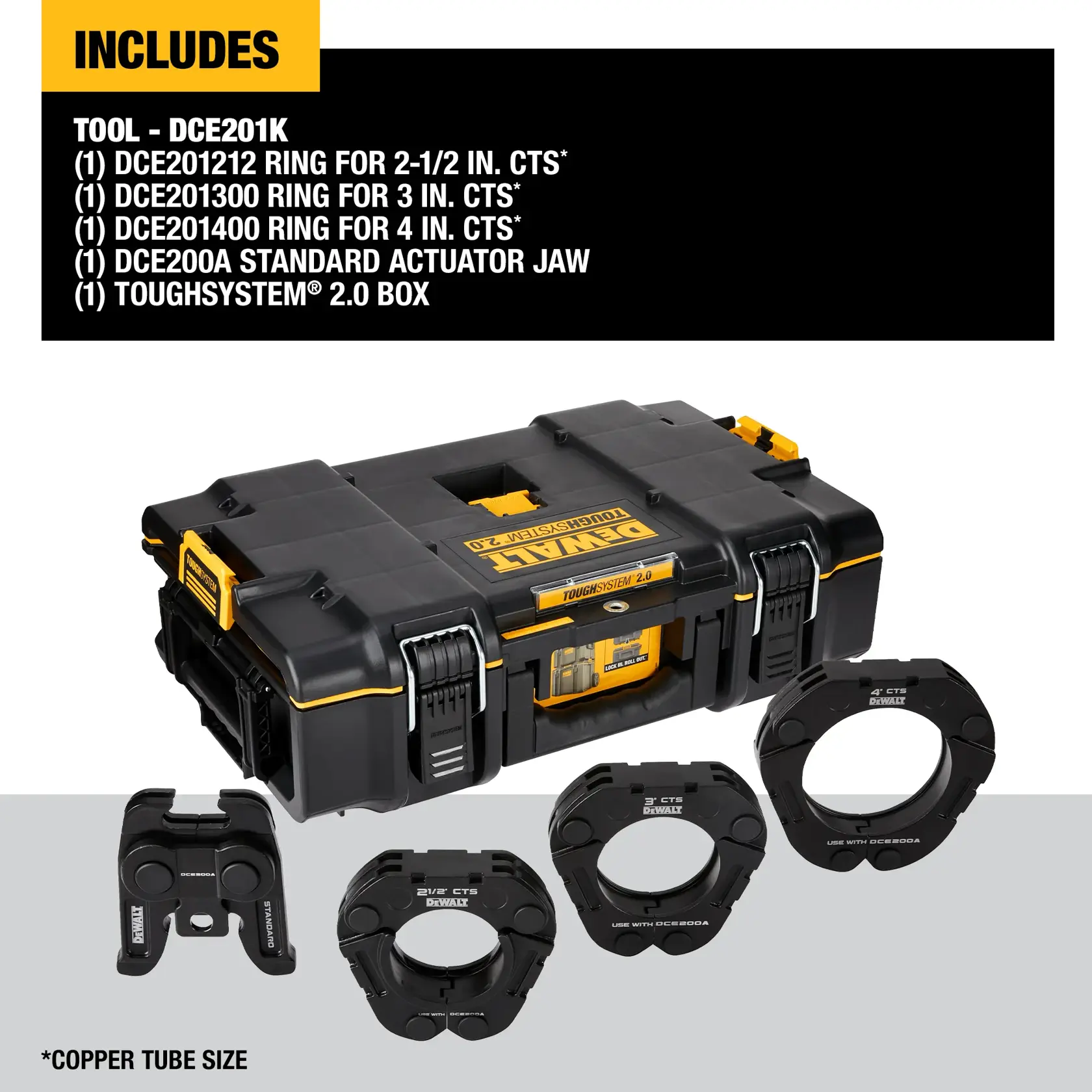 Image showing the DEWALT DCE201K tool kit contents, including a ToughSystem 2.0 storage box, a standard actuator jaw, and three rings for copper tube sizes (2-1/2 inch, 3 inch, and 4 inch CTS). All items are displayed in front of the storage box.