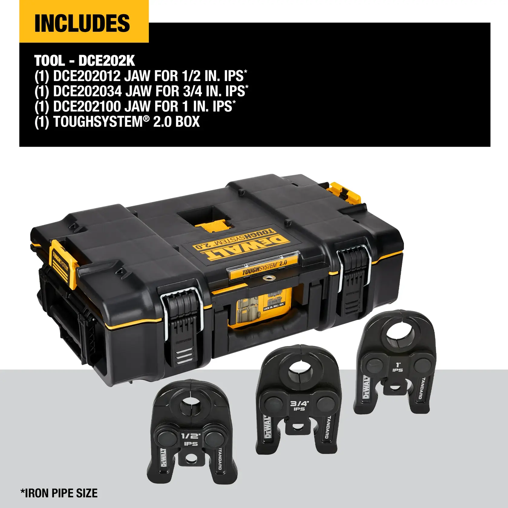 DEWALT ToughSystem 2.0 box with three interchangeable pipe jaws labeled 1/2 inch IPS, 3/4 inch IPS, and 1 inch IPS, included in the DCE202K tool kit.
