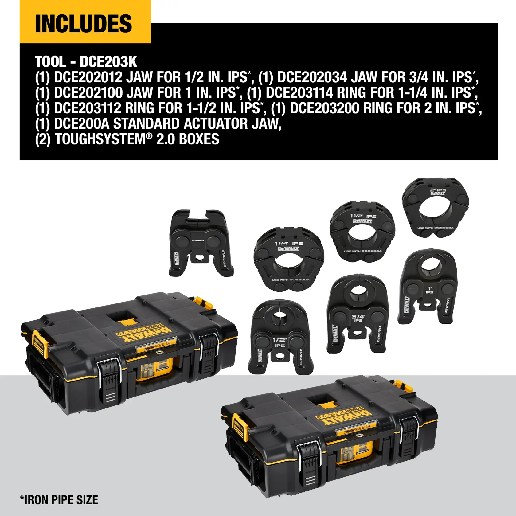 Image showing the contents included with the DEWALT DCE203K tool kit. The kit contains jaws and rings for iron pipe sizes: 1/2 in., 3/4 in., 1 in., 1-1/4 in., 1-1/2 in., and 2 in., a standard actuator jaw, and two ToughSystem 2.0 tool boxes. The products are displayed against a light background with bold labeling and DEWALT branding.