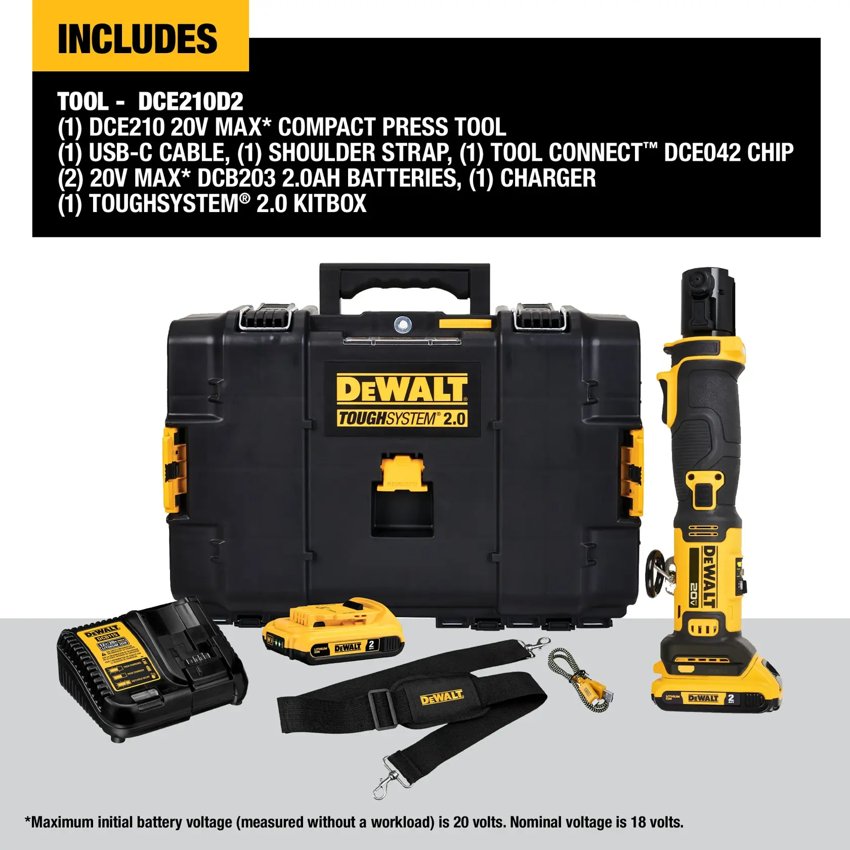 The image shows a DEWALT ToughSystem 2.0 kit box with the DCE210D2 20V Max* compact press tool, two 20V Max* DCB203 2.0Ah batteries, a charger, a USB-C cable, a shoulder strap, and a Tool Connect DCE042 chip. The items are arranged in front of the kit box, with the press tool standing upright, the charger, batteries, cable, and strap placed on the surface, as described in the inclusion list above.