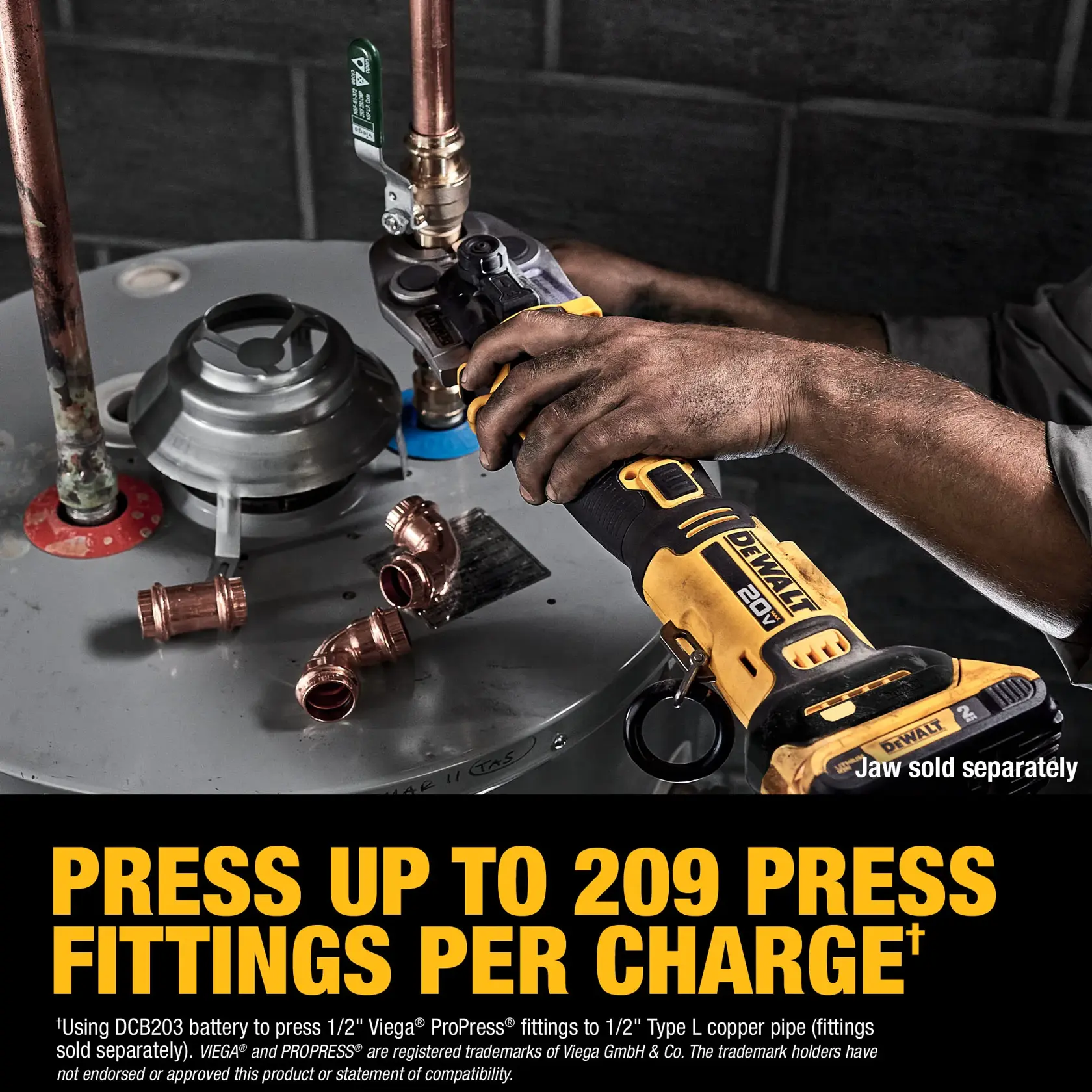 A DEWALT cordless tool is being used to press fittings on copper pipes, with various copper fittings and pipes visible on a grey work surface. Bold text states, 'Press up to 209 press fittings per charge.'