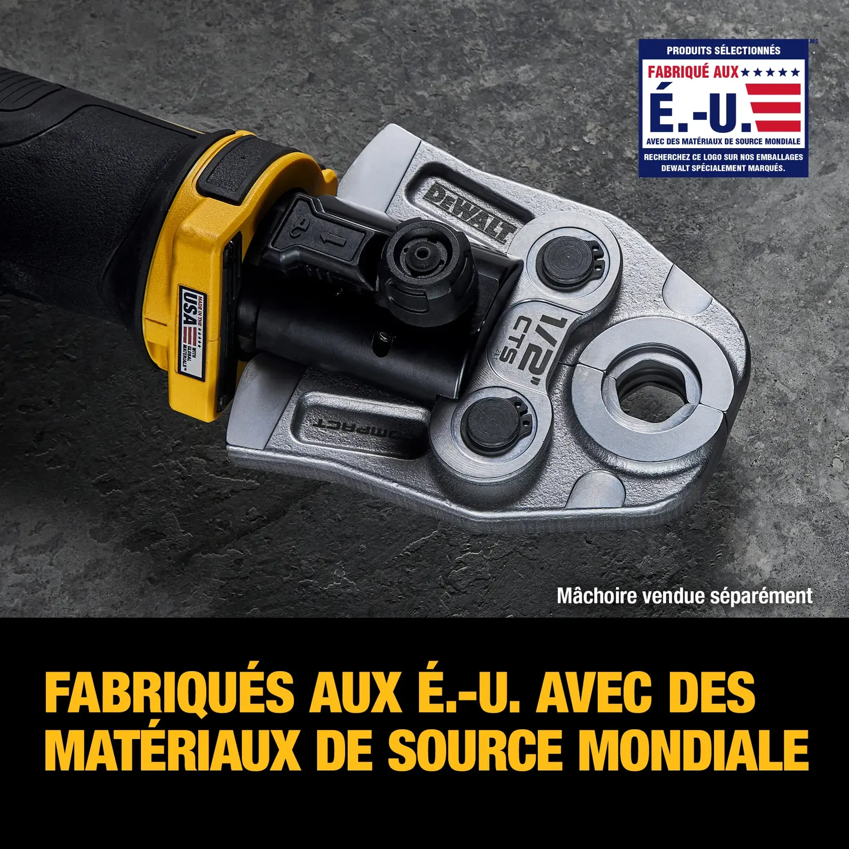 Close-up view of a DEWALT power tool showing the metal jaws attachment labeled 1/2 CTS. The tool features a USA Made with Global Materials sticker. In the top right, there is a logo that reads 'Made in the USA with Global Materials.' Text at the bottom says 'Made in the USA with Global Materials.' Note: Jaw sold separately.