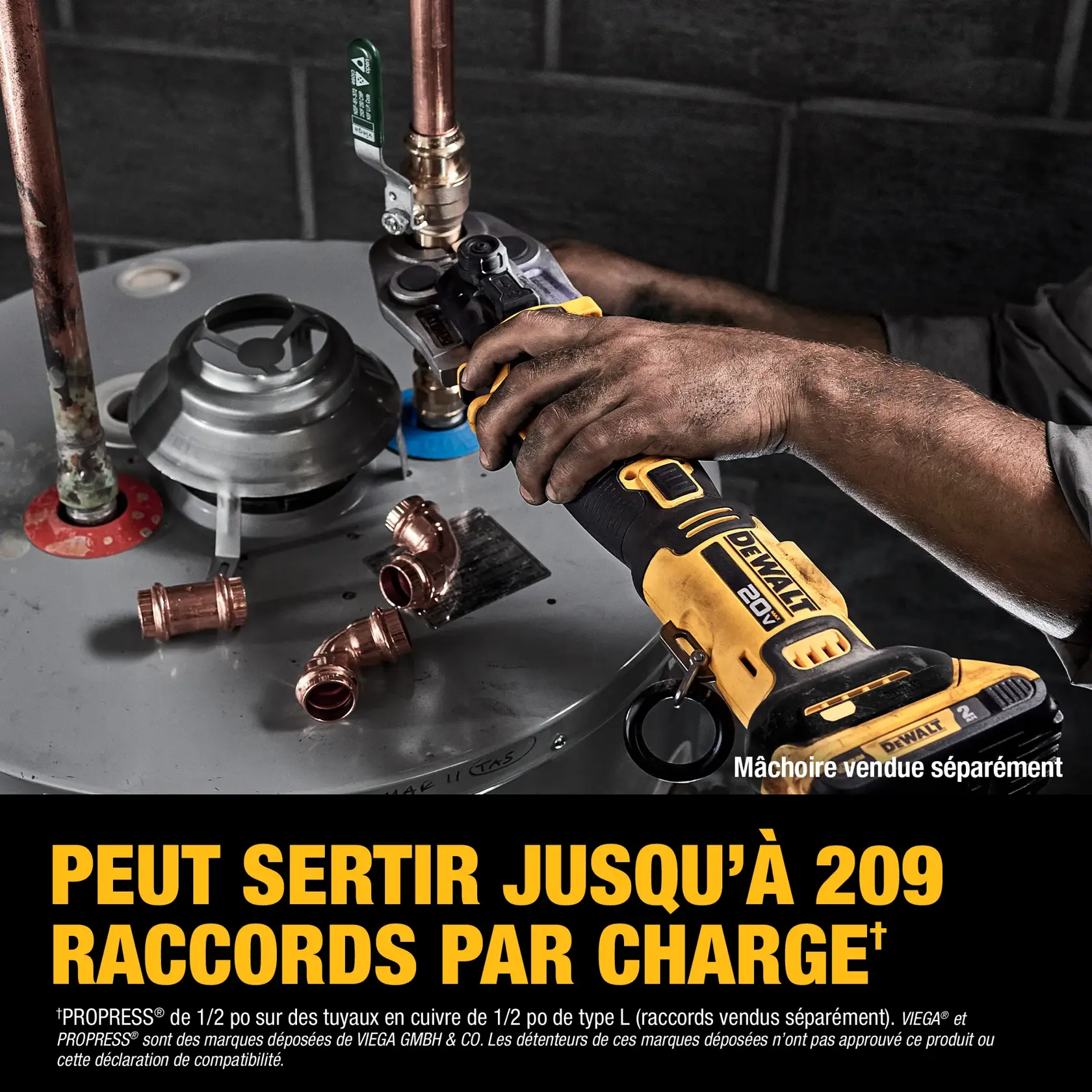 A DEWALT cordless tool is being used to press fittings on copper pipes, with various copper fittings and pipes visible on a grey work surface. Bold text states, 'Press up to 209 press fittings per charge.'